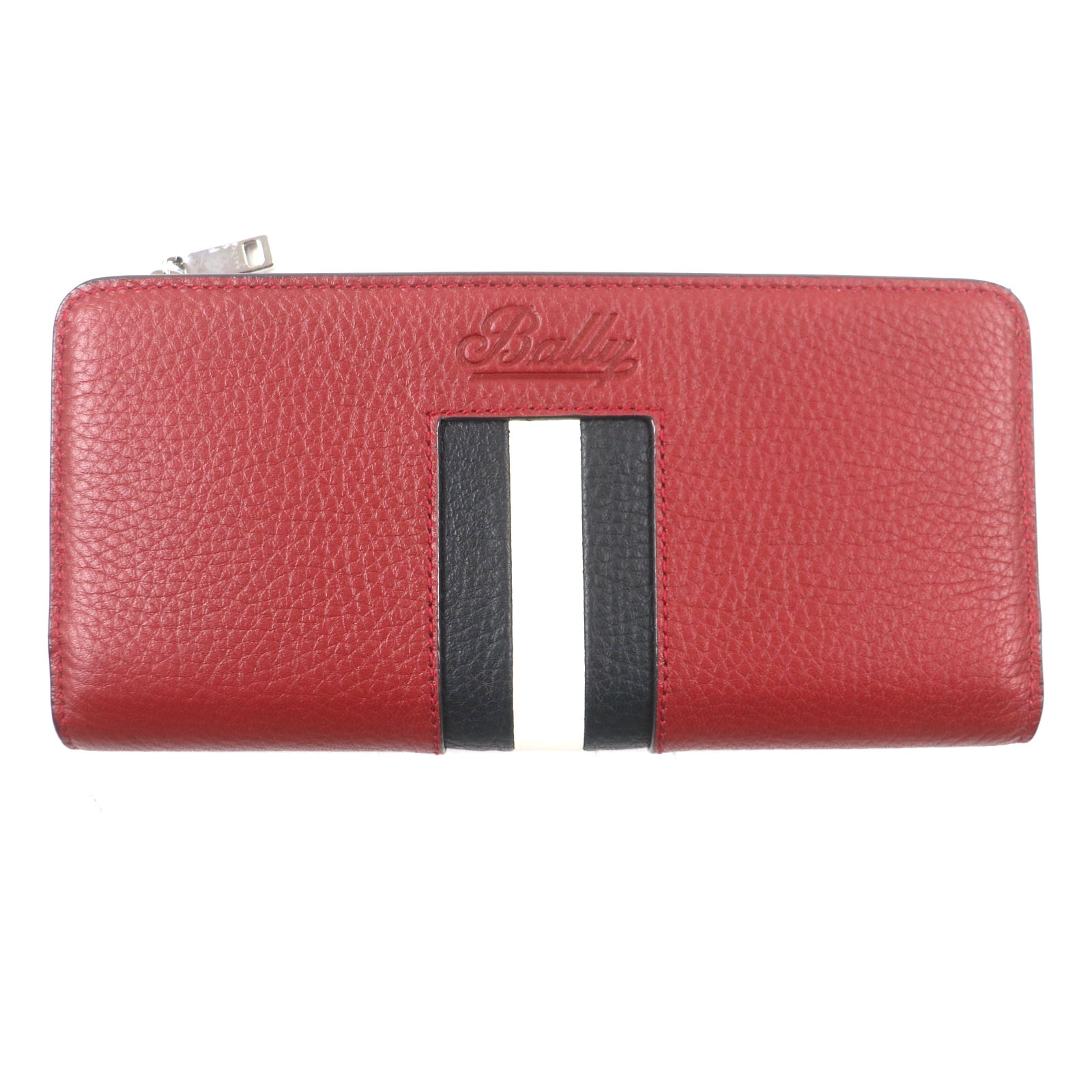 未使用品▼BALLY バリー TILL.TSP ロゴ刻印入り ストライプ レザーロングウォレット 二つ折り 長財布 レッド 箱付き メンズ【中古】