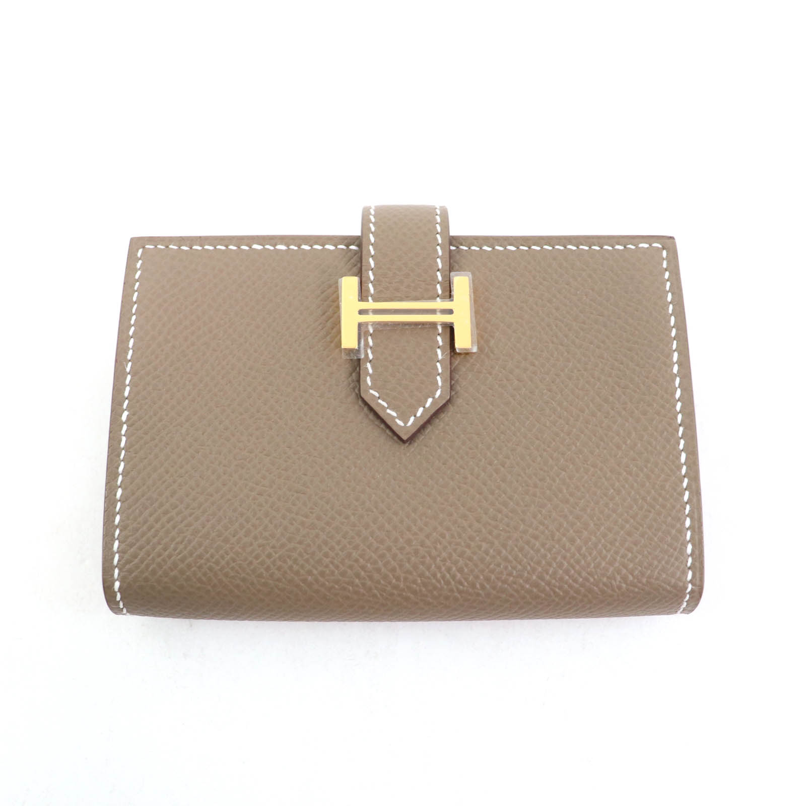 未当てはめる品★HERMES エルメス ベアン ミニ エトゥープ ヴォーエプソン ゴールド金具 Hロゴタイプ金具 ミニウォレット コインケース付 歌留多容れもの W目じるし 箱付き添い人 フランス共和国製 レディース【中古】