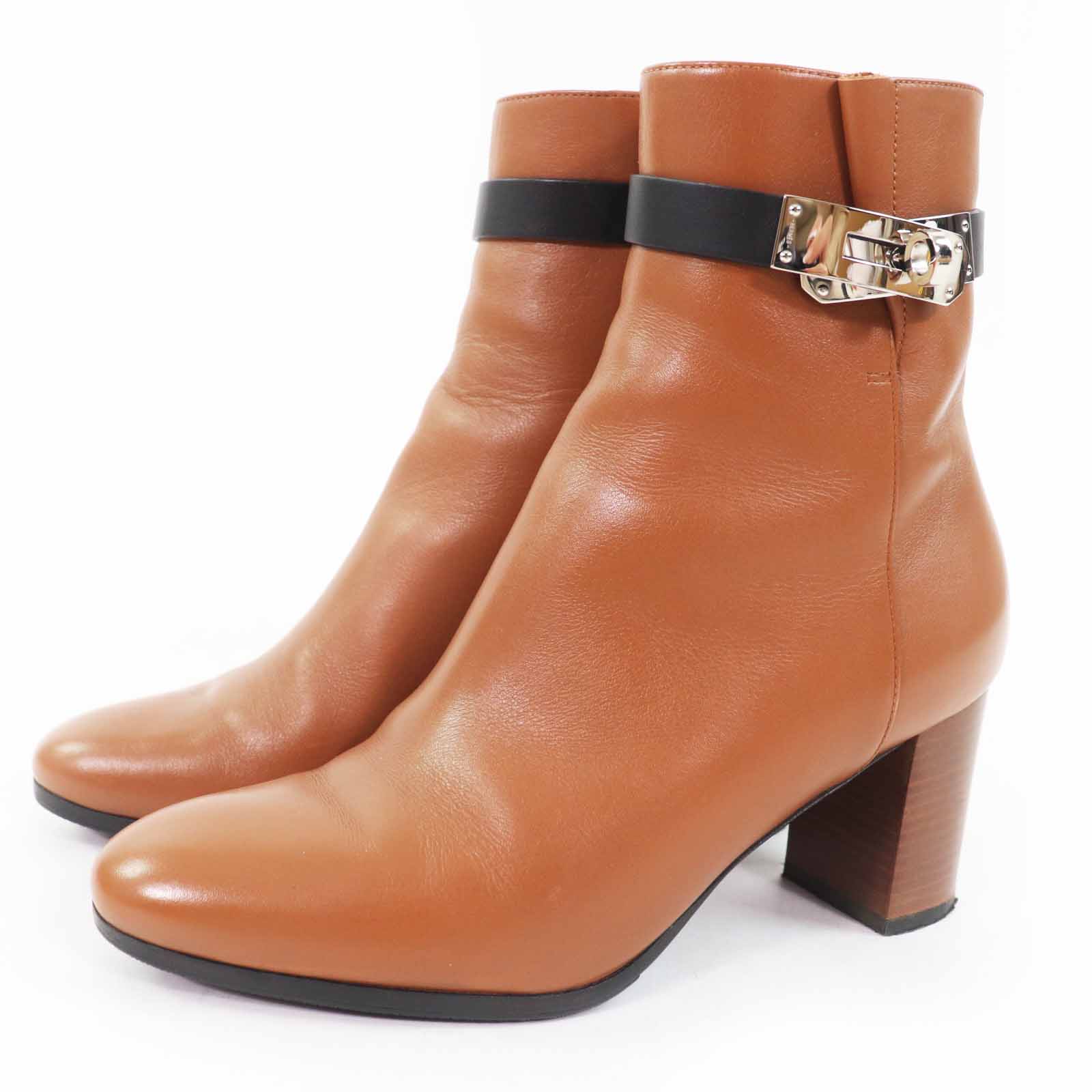 美品◎HERMES エルメス Saint Germain サンジェルマン シルバー金具 ケリー金具 レザーショートブーツ ブラウン ブラック 35.5 箱付き イタリア製 レディース【中古】