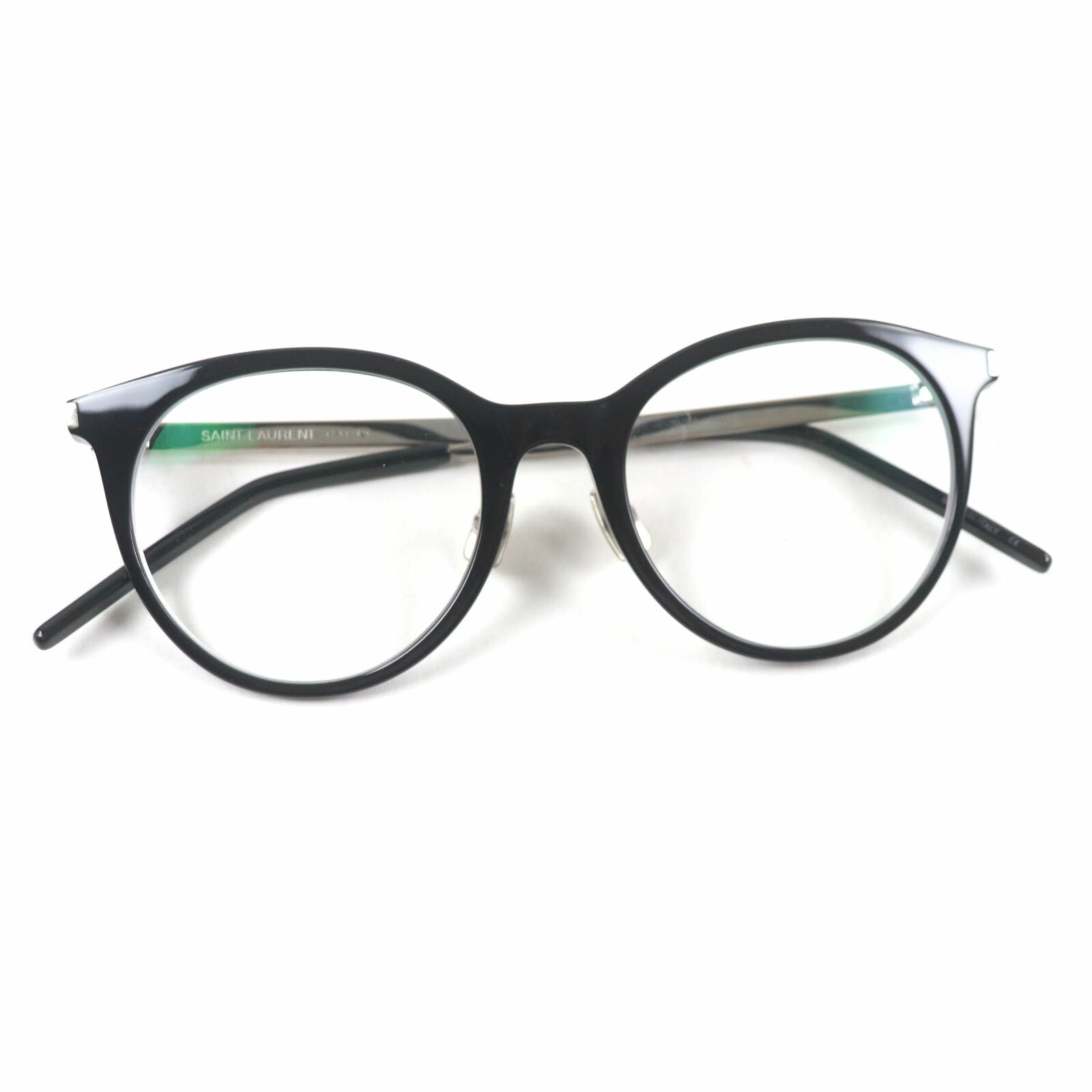 極美品▼SAINT LAURENT PARIS サンローランパリ SL268 002 ロゴ刻印入り ボストン メガネ 眼鏡 アイウェア ブラック シルバー 50□20-145 度入り ケース付き イタリア製 メンズ【中古】
