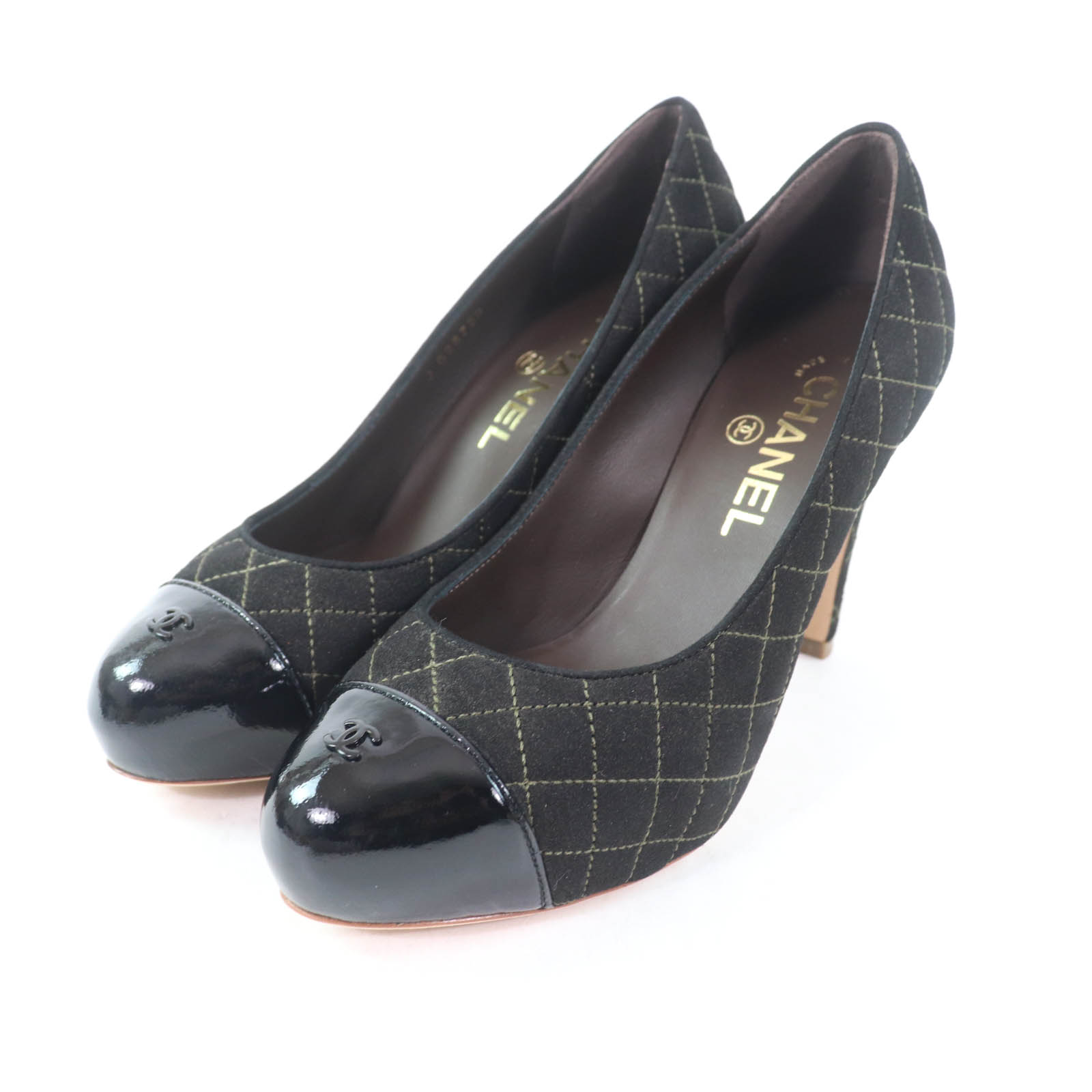 美品【シャネル】パンプス　ココマーク　キルティング リボン　黒　レザー　39 即決 CHANEL シャネル ココマーク キルティング レザー リボン