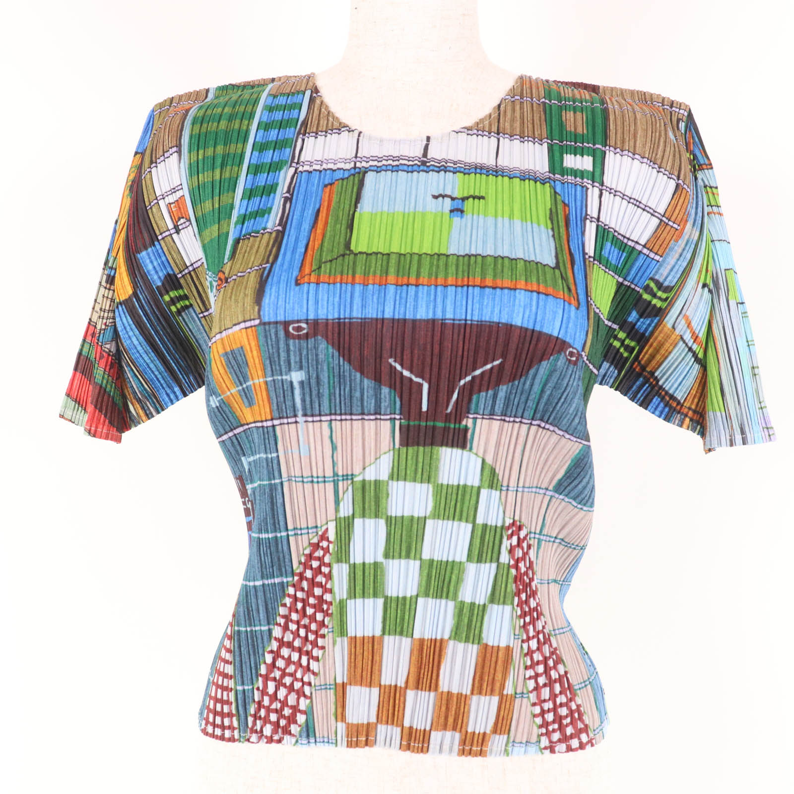 極美品☆PLEATS PLEASE プリーツプリーズ イッセイミヤケ PP14-JK142 総柄プリント 半袖 カットソー マルチカラー 3 日本製 正規品 レディース【中古】