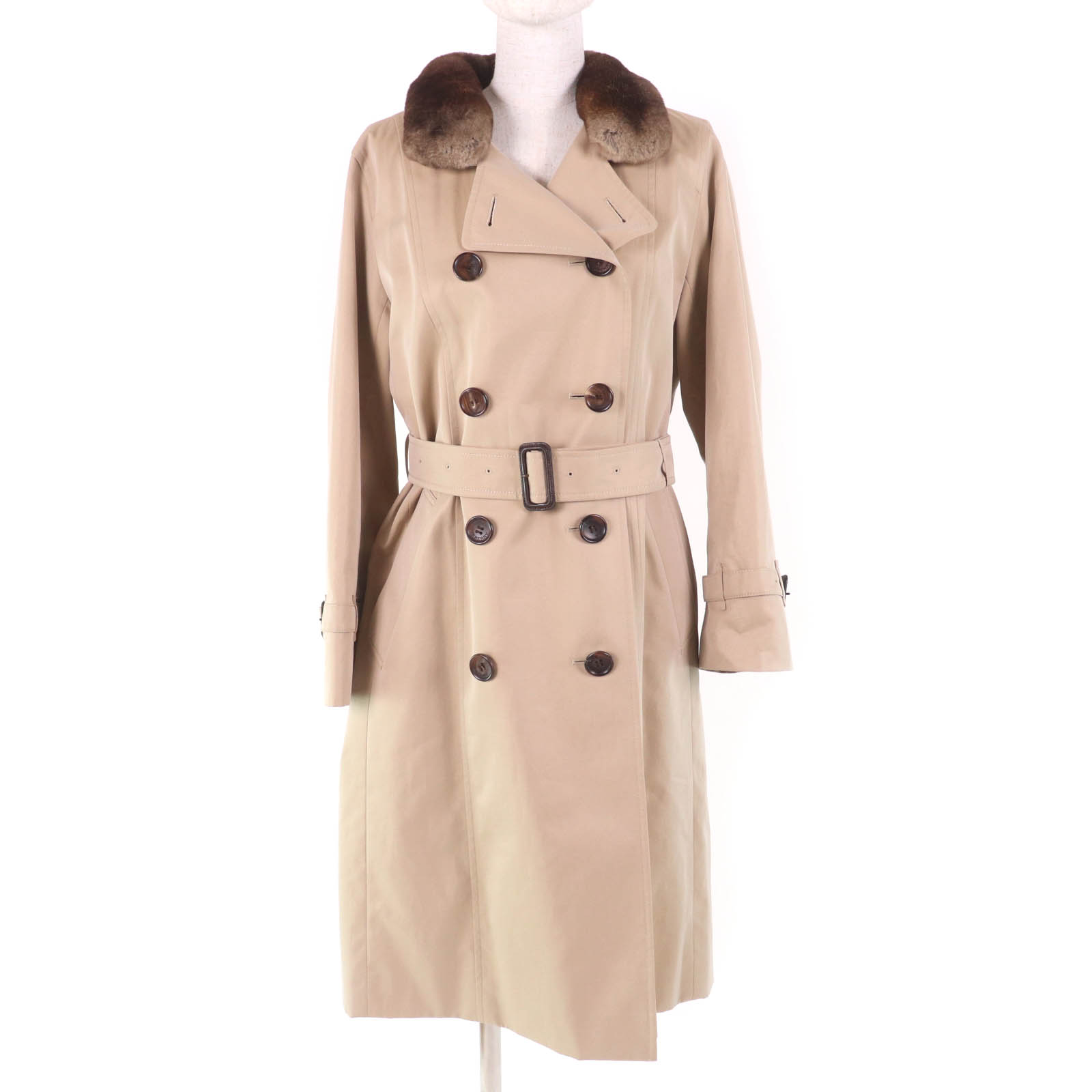 極美品★BURBERRY LONDON バーバリーロンドン FD249-633-42 襟元レッキスファー ラインドライヴ・胴締め付 裏地ノバチェック柄 トレンチコート ベージュ 9 日本製 置き目品 レディース【中古】
