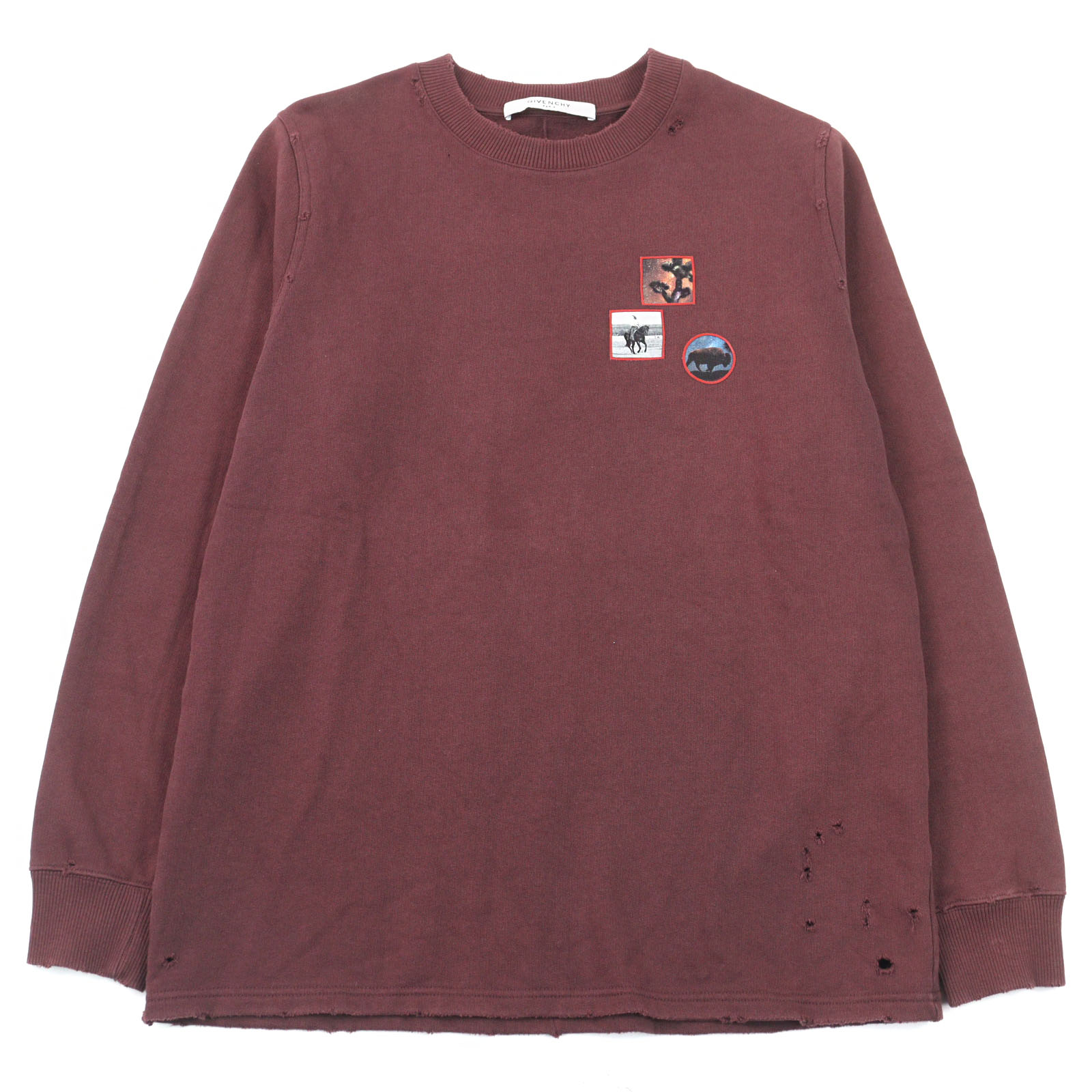 【ドンドン見直し】美品○GIVENCHY ジバンシィ 7151 653 コットン100% ワッペン付き デストロイ加工 クルーネック スウェット ボルドー XS 正規品 メンズ【中古】