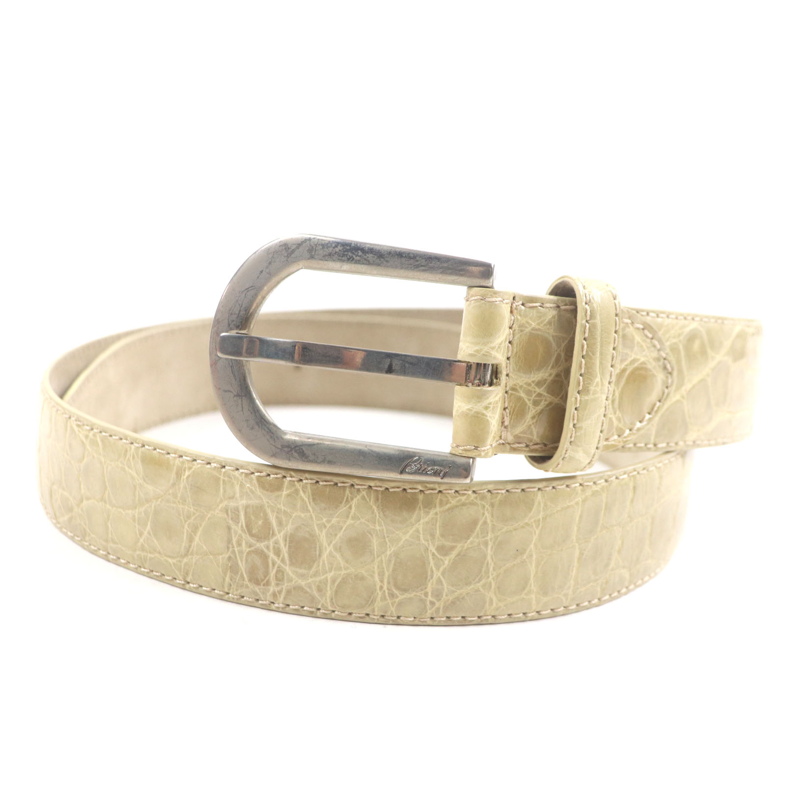 極美品▼Brioni ブリオーニ B2102/F1160 ロゴ刻印入りバックル クロコダイル レザーベルト ベージュ シルバー金具 95 イタリア製 メンズ【中古】 28,600円