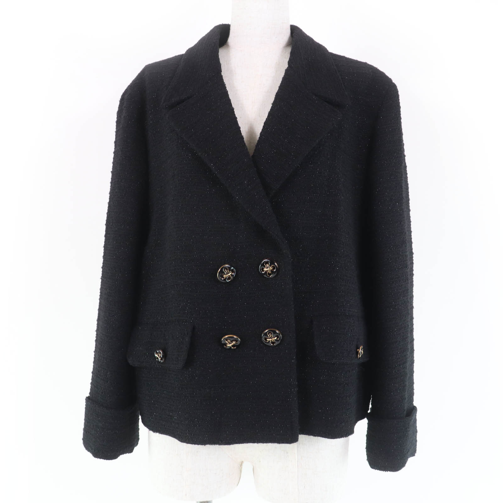 極美品☆GUCCI グッチ 643287 ウール デザインボタン ダブルブレスト ツイード ジャケット ブラック 40 イタリア製 正規品 レディース【中古】