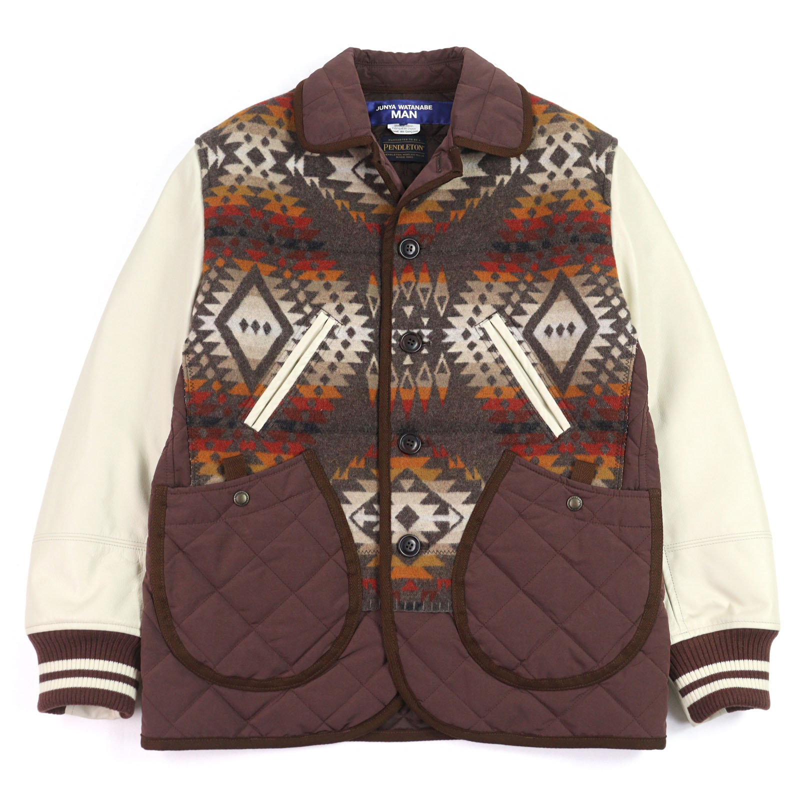 極美品○JUNYA WATANABE MAN PENDLETO ジュンヤワタナベマン ペンドルトン 22AW WJ-J019 Wネーム ネイティブパターン レザー切替 バーシティジャケット スタジャン マルチカラー S 日本製 正規品 メンズ【中古】