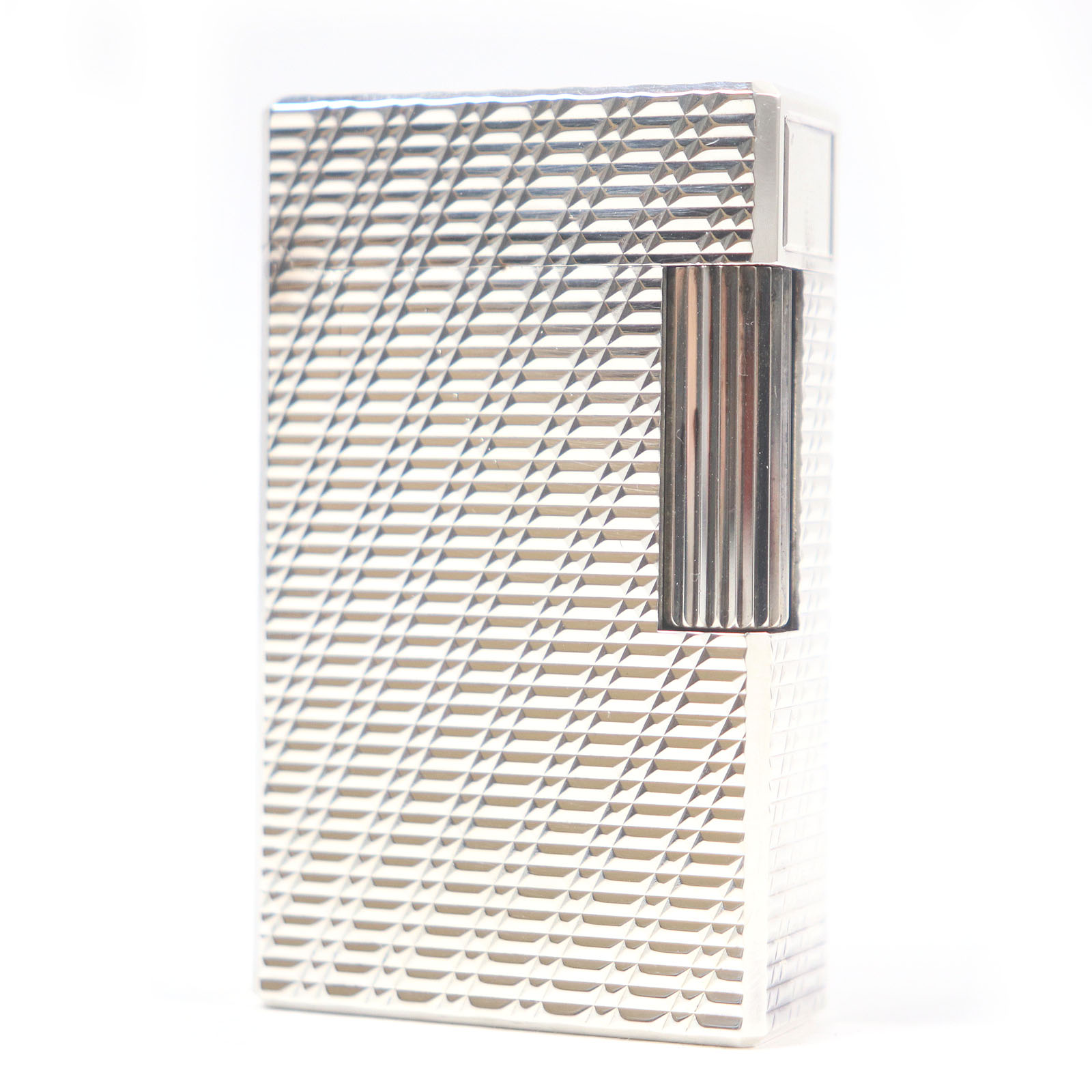 外装美品□Dupont デュポン ライン1 ロング チェック柄 スクエア型 ローラー式 喫煙具 ガスライター シルバー ケース付き フランス製 メンズ 着火不可【中古】