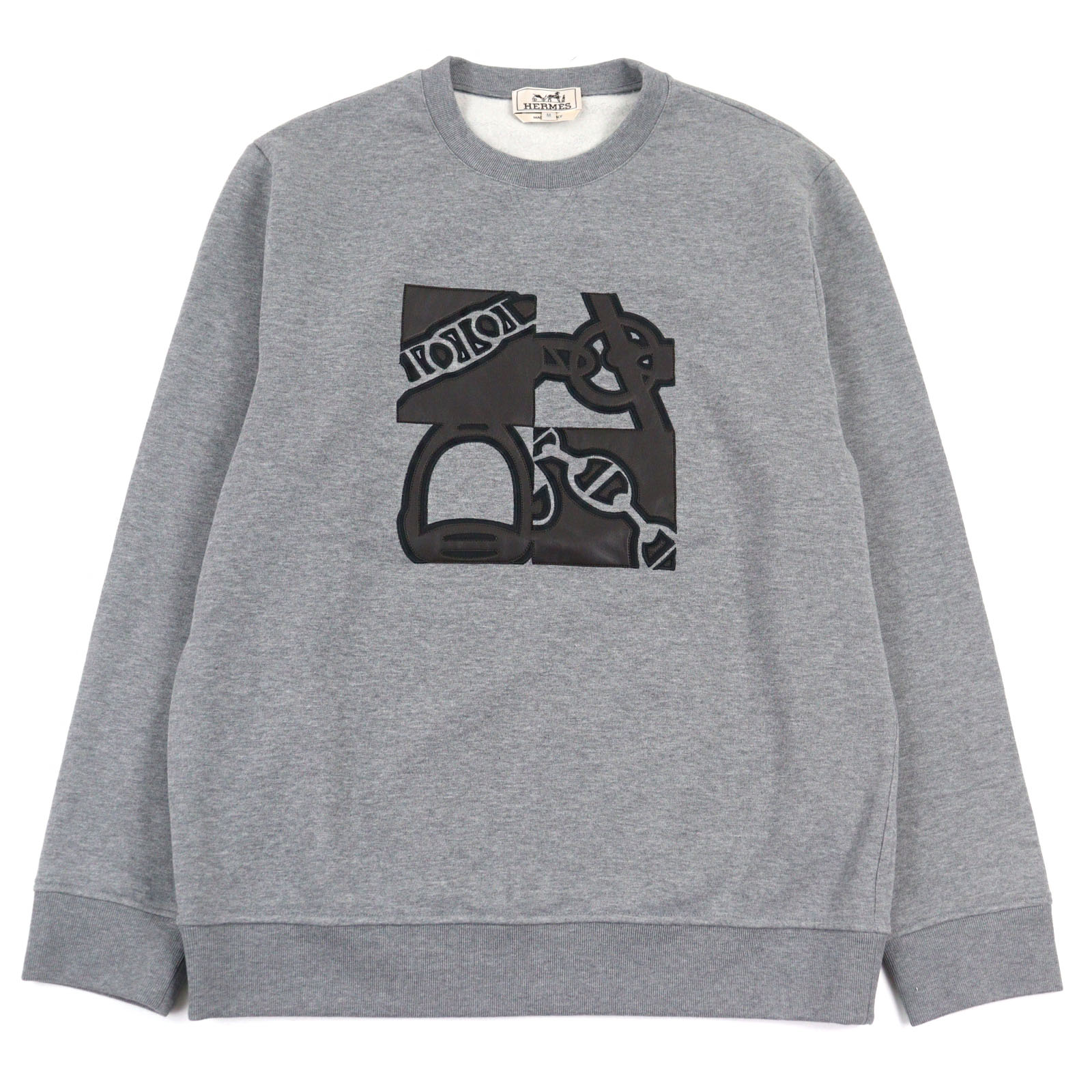 極美品○HERMES エルメス 24AW 467810HA Metallerie au Carre メタルリー・オ・カレ コットン100% レザーパッチ ラウンドネック スウェット グレー系 M イタリア製 正規品 メンズ【中古】
