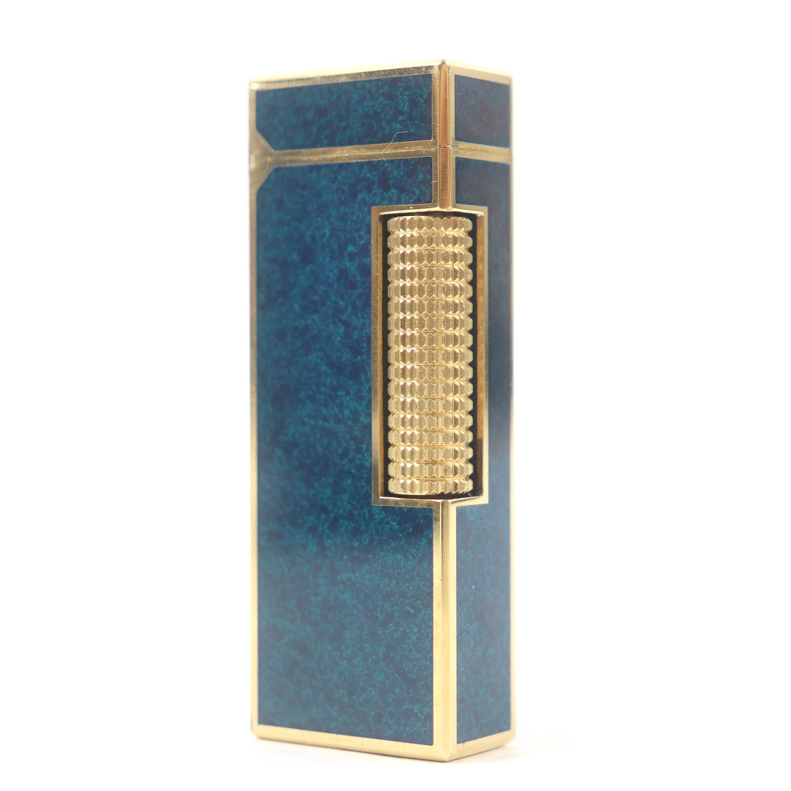 美品□Dunhill ダンヒル ラッカー マーブル柄 スクエア ローラー式 喫煙具 ガスライター ブルー ゴールド ケース付き スイス製 メンズ 着火不可【中古】