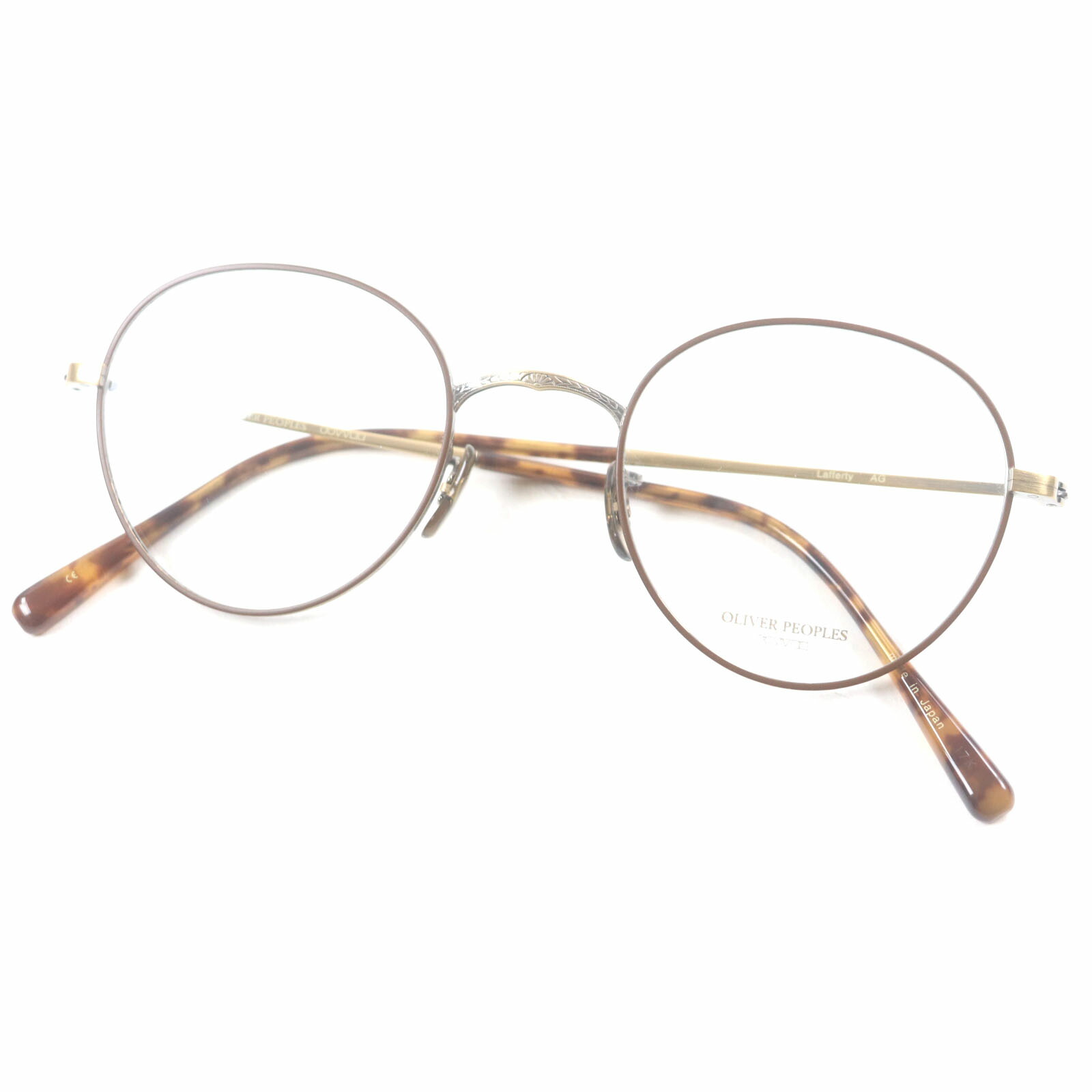 未使用品▼OLIVER PEOPLES オリバーピープルズ Lafferty AG マーブル柄 ボストン メガネ 眼鏡 アイウェア アンティークゴールド クリアブラウン 48□22-145 デモレンズ ケース付き 日本製 メンズ【中古】