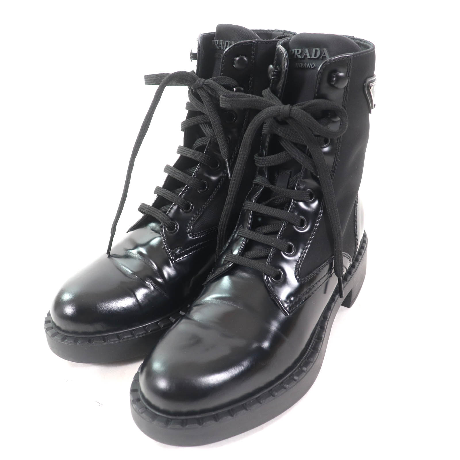 美品★PRADA プラダ 1T782M Re Nylonトライアングルロゴ ブラッシュドレザー ブーツ ブラック 37 箱・保存袋付き イタリア製 レディース【中古】
