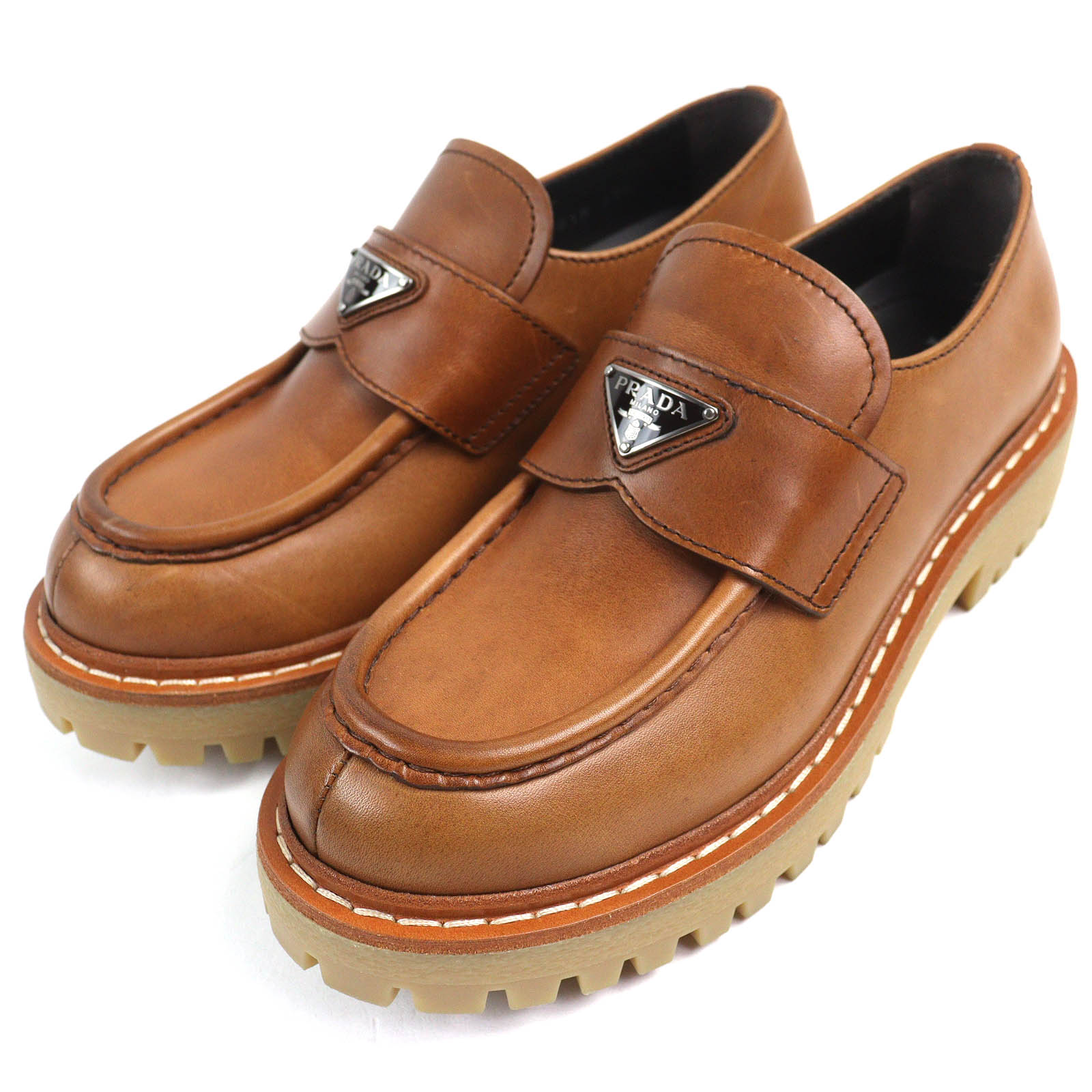 極美品△PRADA プラダ 1D801N トライアングルロゴ 三角プレート オックスフォード レザーローファー ブラウン 37.5 箱・保存袋付き イタリア製 レディースオススメ◎【中古】