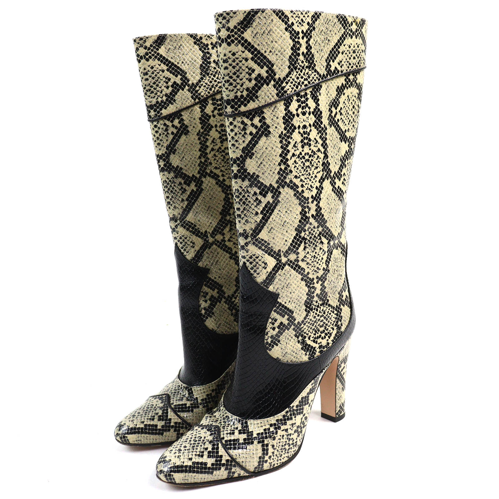 美品△GUCCI グッチ 699416 パイソン柄 サイドジップ レザー ロングブーツ ハイヒール ベージュ ブラック 37 イタリア製 レディース【中古】