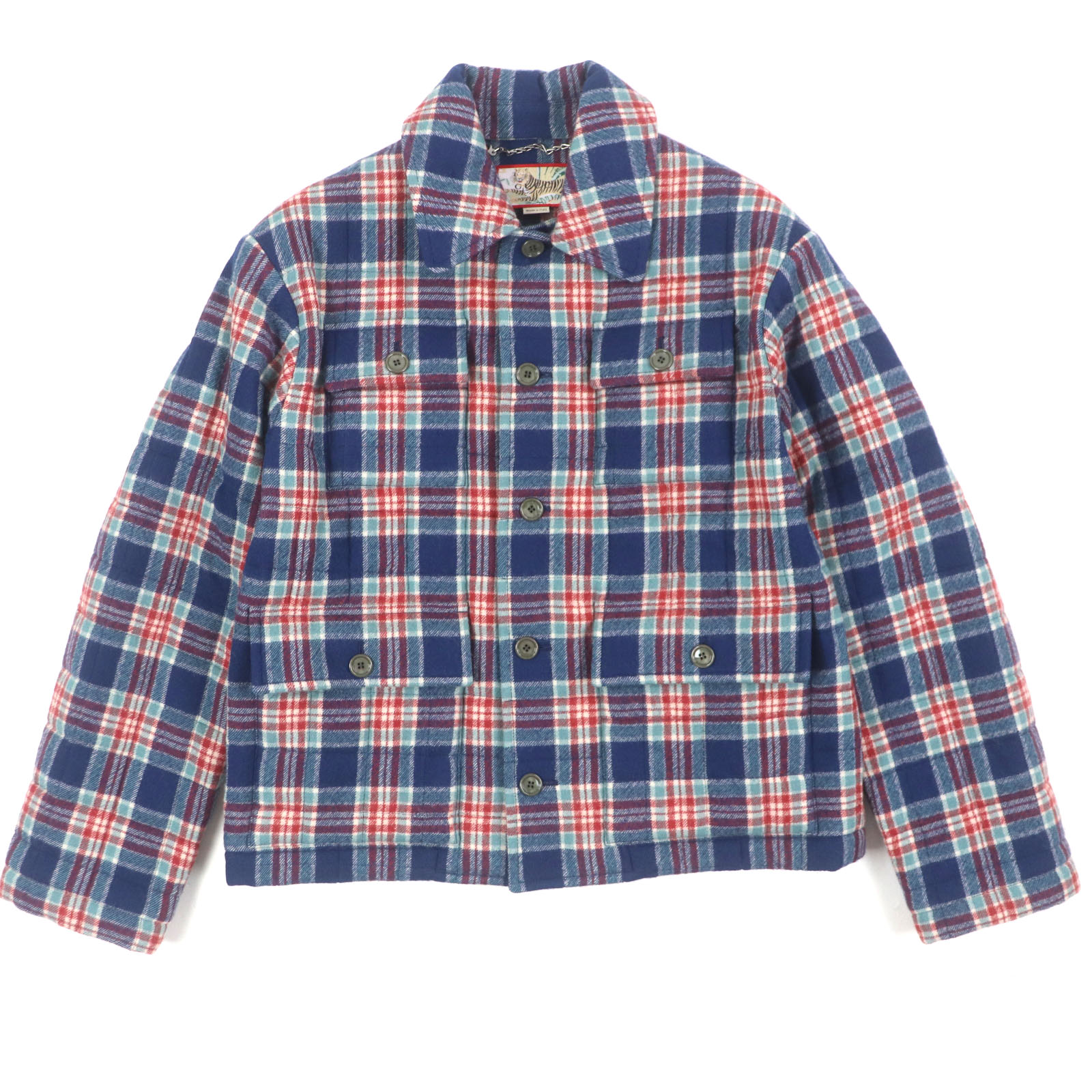 極美品▼GUCCI グッチ 22SS 683264 GUCCI TIGER ウール100% キルティングチェック柄 バックロゴワッペン ジャケット ネイビー レッド 46 ハンガー付き イタリア製 正規品 メンズ【中古】｜衣類＆ブランドリサイクル GREEN
