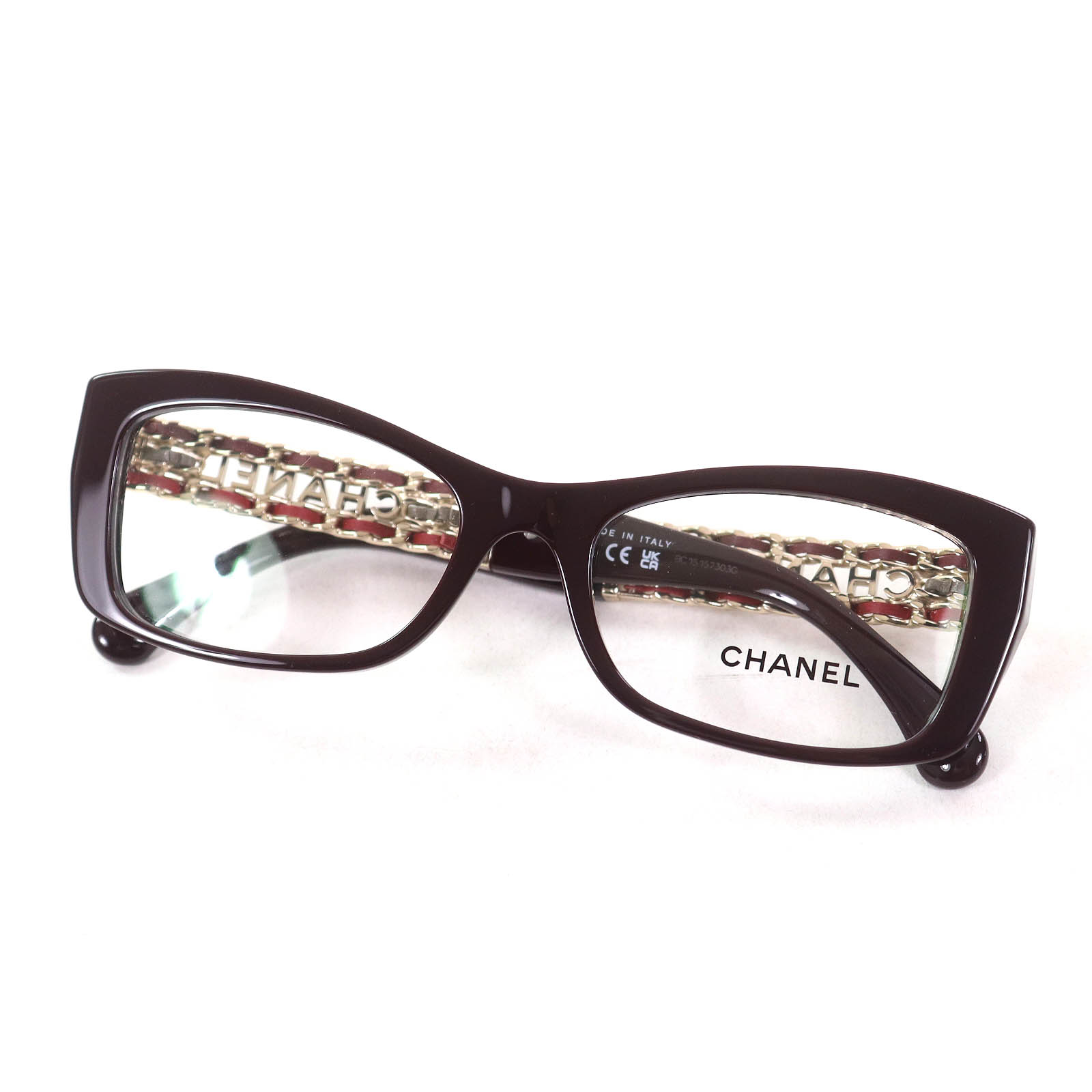 極美品△CHANEL シャネル 3484-Q レクタングル シェイプ オプティカル サイドロゴ メガネ 眼鏡 アイウェア バーガンディ 52□17 140 デモレンズ 現行品 イタリア製 レディース【中古】