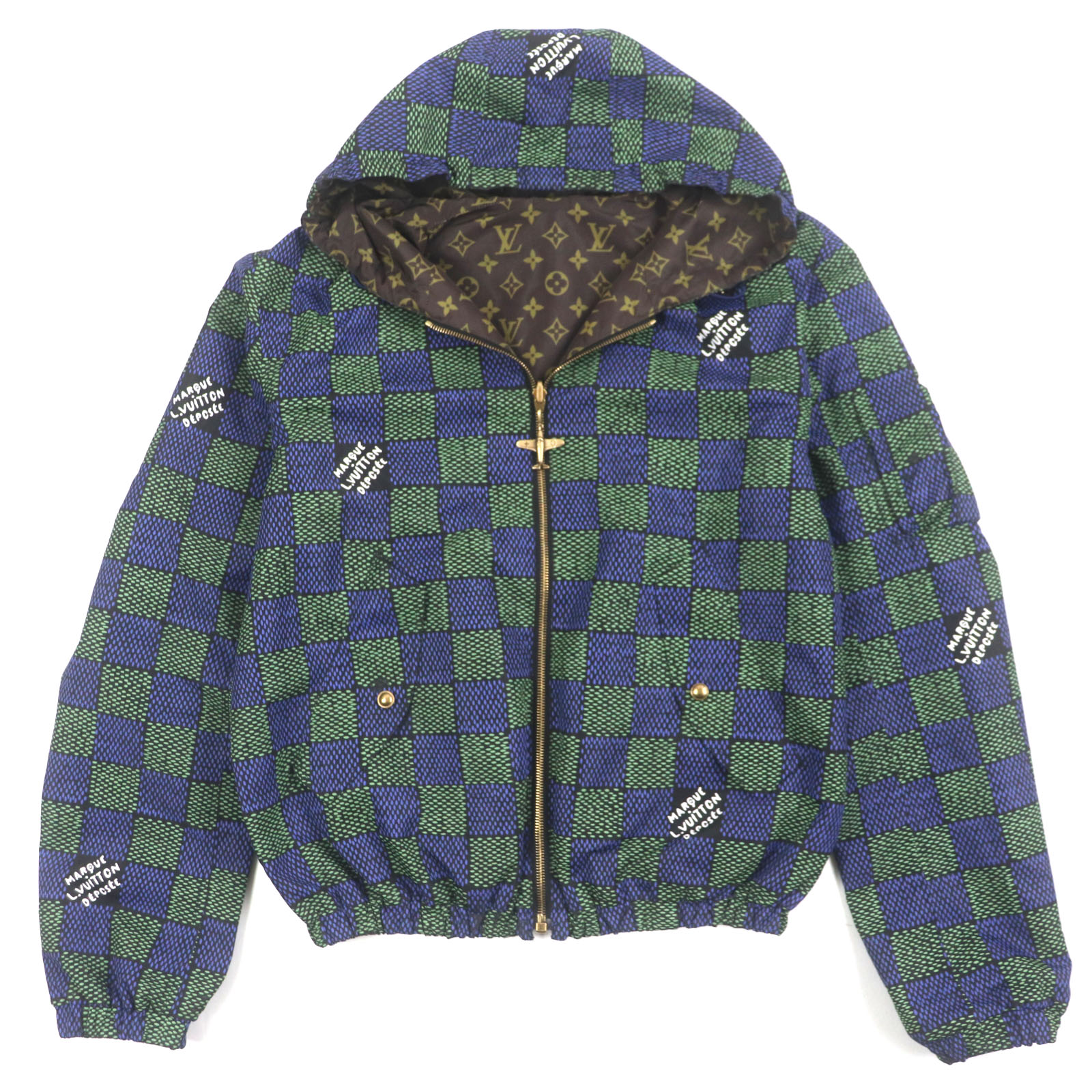 中古美品LV　メンズ　ルイ・ヴィトンリバーシブルナイロンJKダミエフード付黒XL 中古美品LV メンズ ルイ・ヴィトンリバーシブルナイロンJKダミエ