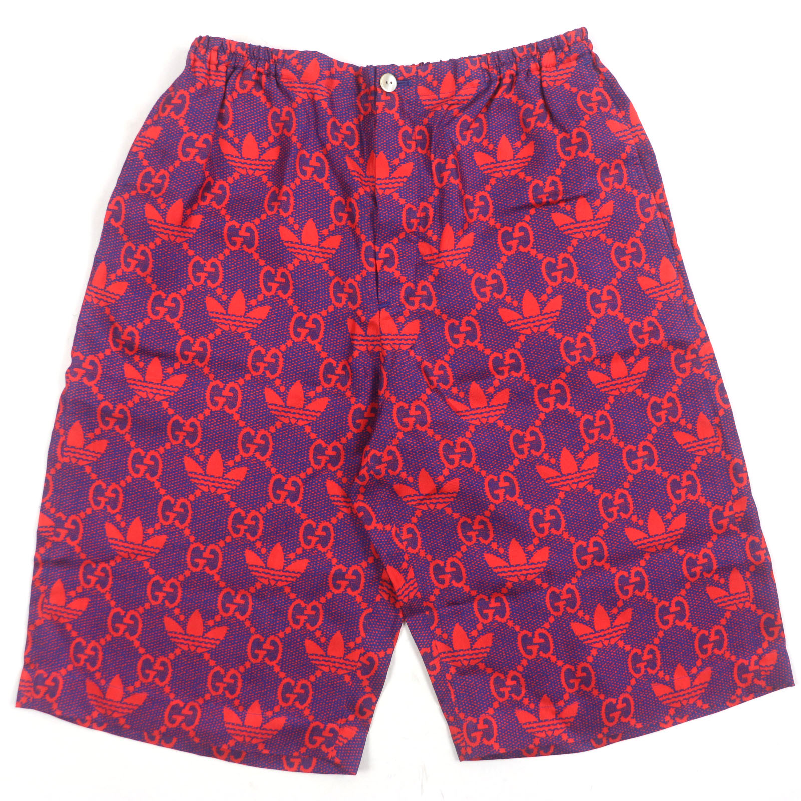 未使用品▼GUCCI adidas グッチ アディダス 691440 マイクロGG シルク100% ミケーレ期 ボタンフライ ハーフパンツ ショートパンツ レッド ネイビー 44 イタリア製 正規品 メンズ【中古】