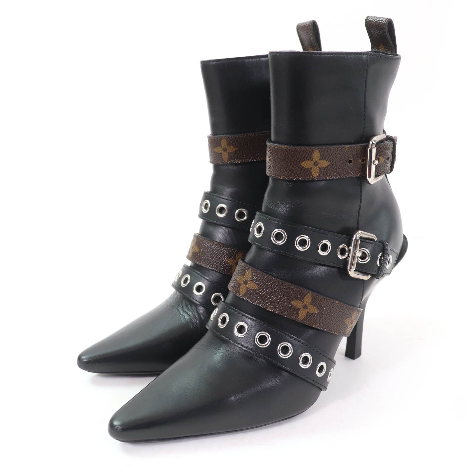 美品☆LOUIS VUITTON ルイヴィトン モノグラム ベルトデザイン レザー アンクルブーツ ブラック 36 保存袋付き イタリア製 レディース【中古】
