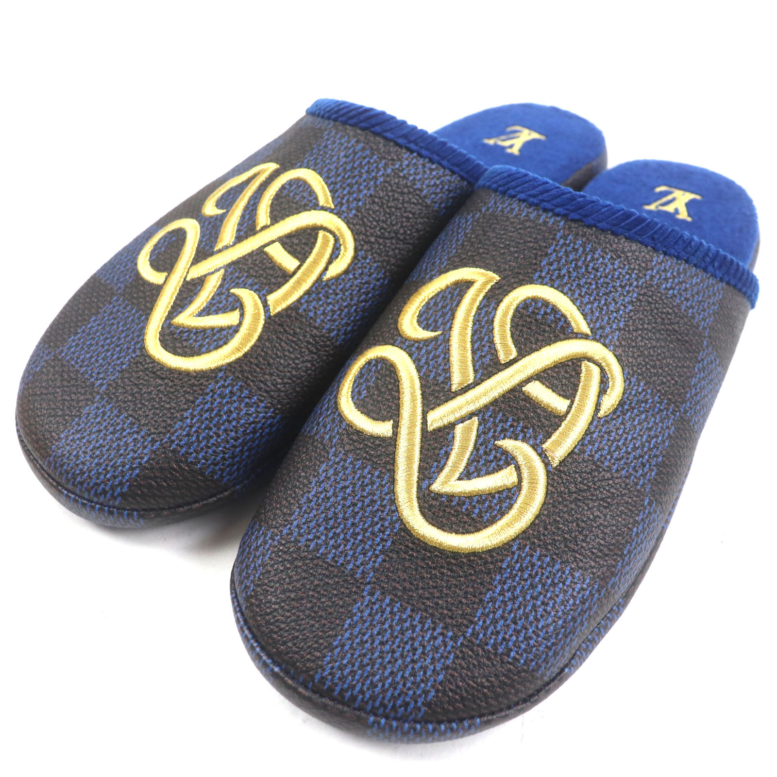 未当て嵌める品▼LOUIS VUITTON ルイヴィトン 1ACN6H LV パレス・ライン・ミュール グレインカーフレザー ダミエ ロゴタイプ刺しゅう 家庭用スリッパ サンダル 青碧 赤銅色 ゴールド 9 箱・保護すること袋付き添い人 イタリア製 メンズ【中古】