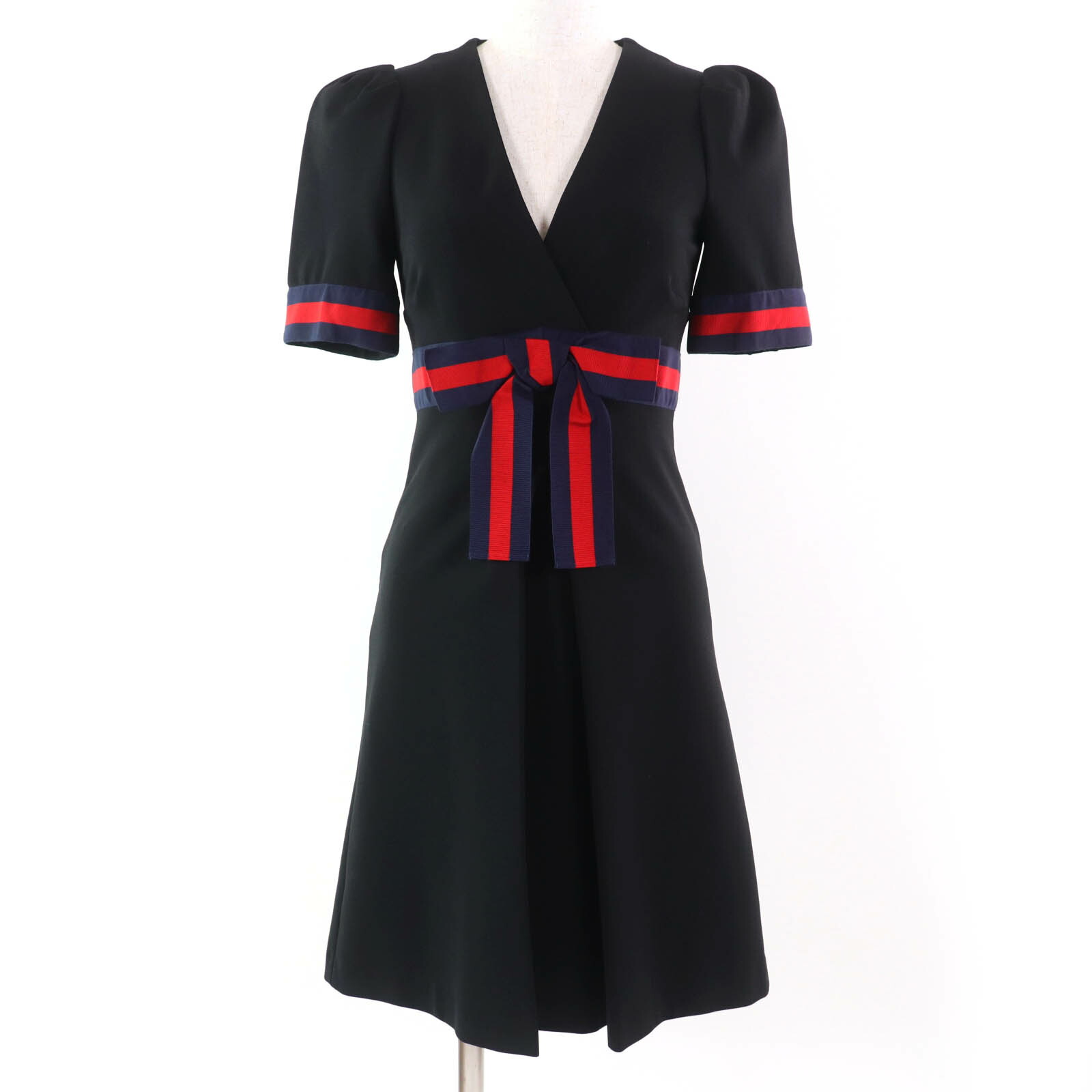極美品☆GUCCI グッチ 501488 Jersey V-neck Dress インターロッキングGパール付 ワンピース ブラック XS イタリア製 正規品 レディース【中古】