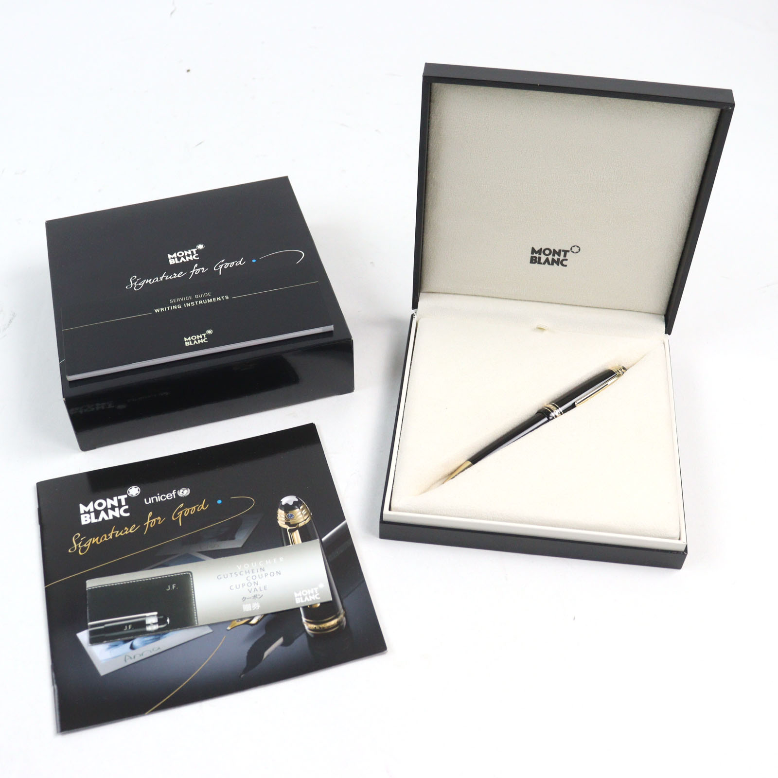 極美品○MONTBLANC モンブラン 105602 マイスターシュテュック #164 シグネチャー・フォー・グッド・エディション2009 サファイア ユニセフ 1Pサファイア ロゴタイプ目じるし 白いことはやりっ児 捩じり式 ボールペン 黒いこと ゴールド 箱・容れもの付き添い人 ＦＲＧ製【中古】