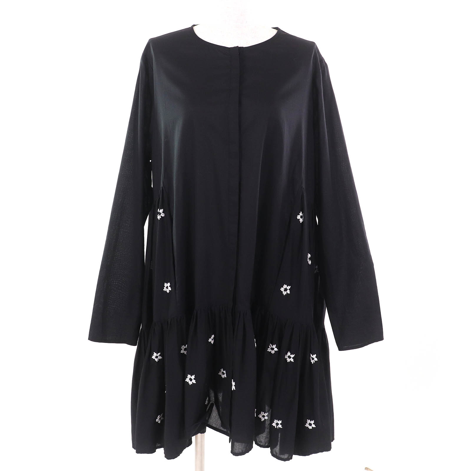 極美品△Merlette マーレット 23SS 3710300474 コットン100％ フラワービーズ クルーネック 長袖 ワンピース ブラック M 正規品 レディース【中古】