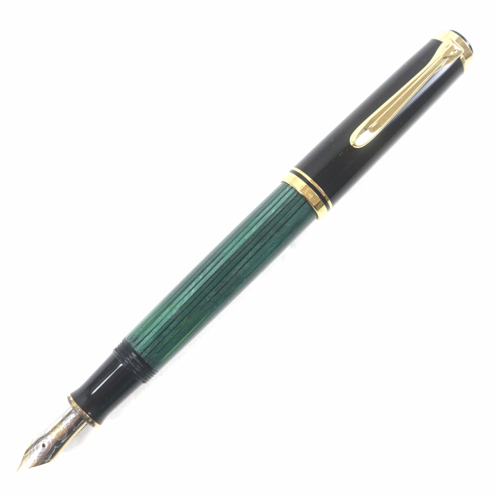 美品▼PERIKAN ペリカン M400 スーベレーン 14K Fニブ ストライプ柄 ロゴ刻印入り 万年筆 グリーン ブラック ゴールド ドイツ製 メンズ【中古】