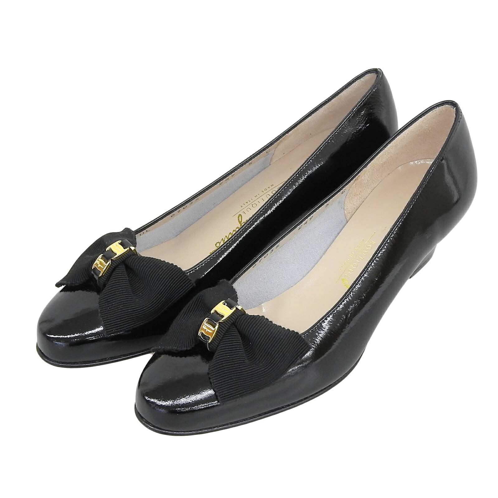 極美品▲Salvatore Ferragamo サルヴァトーレフェラガモ 67035 MAIL ヴァラリボン レザーパンプス ブラック ゴールド金具 5 箱・保存袋付き イタリア製 レディース【中古】