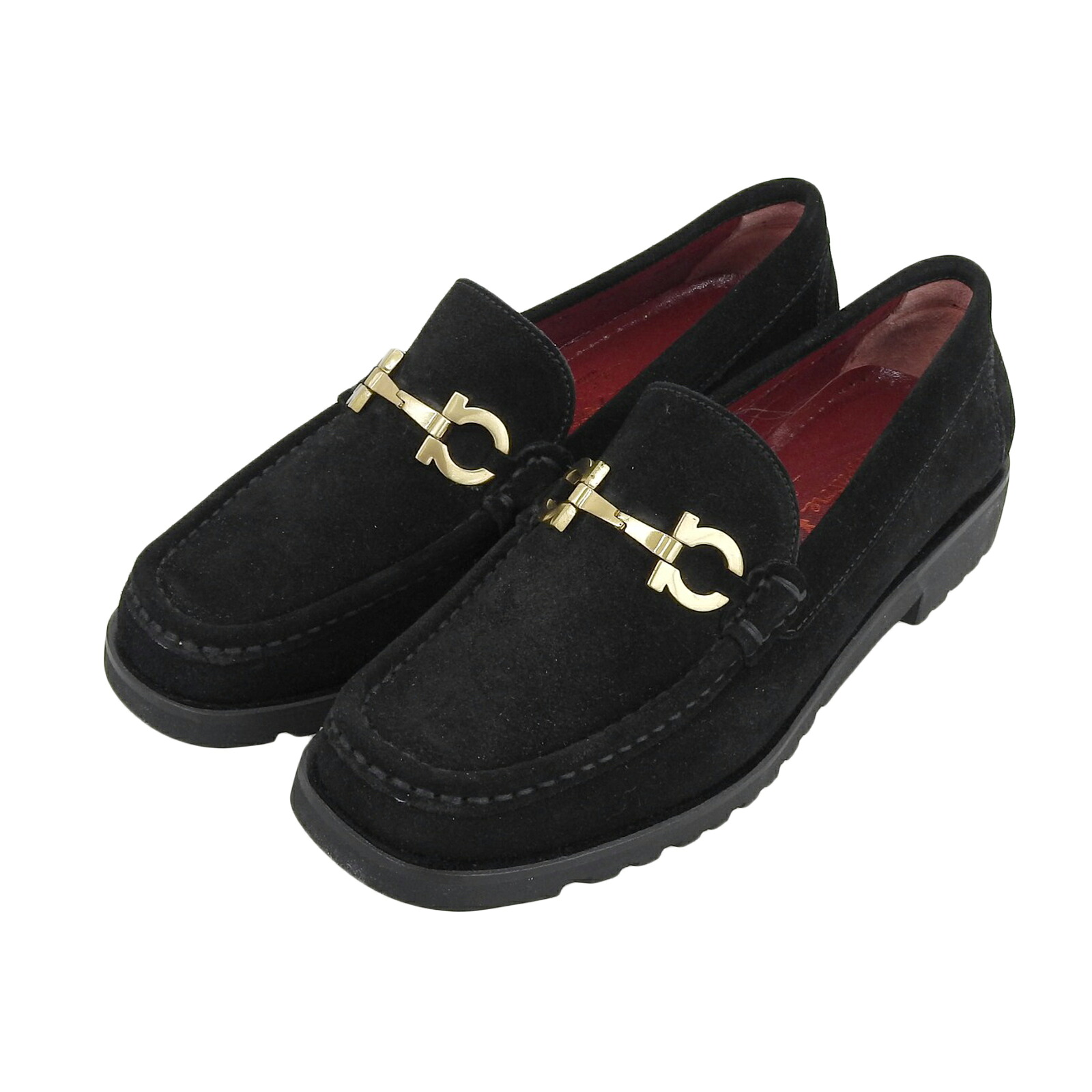 極美品▲Salvatore Ferragamo SPORT サルヴァトーレ フェラガモ 運動競技 00169 SIMPLE スウェードレザー ダブルガンチーニ 置き目毛革 黒いこと ゴールド金具 5.5 保護すること袋付き添い人 イタリア製 レディース【中古】