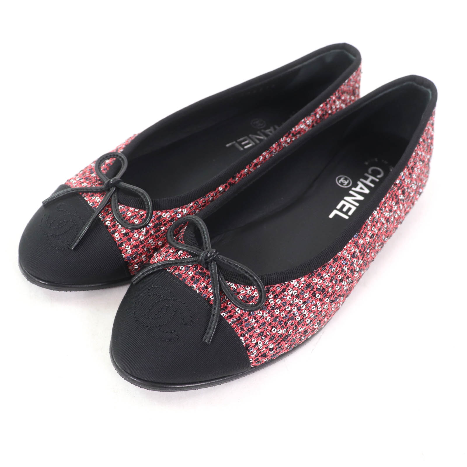 極美品★CHANEL シャネル G02819 シュロの葉付 ココマーク スパンコール 女性バレエダンサーシューズ サクラ色系 36.5 保護すること袋付き添い人 イタリア製 レディース【中古】