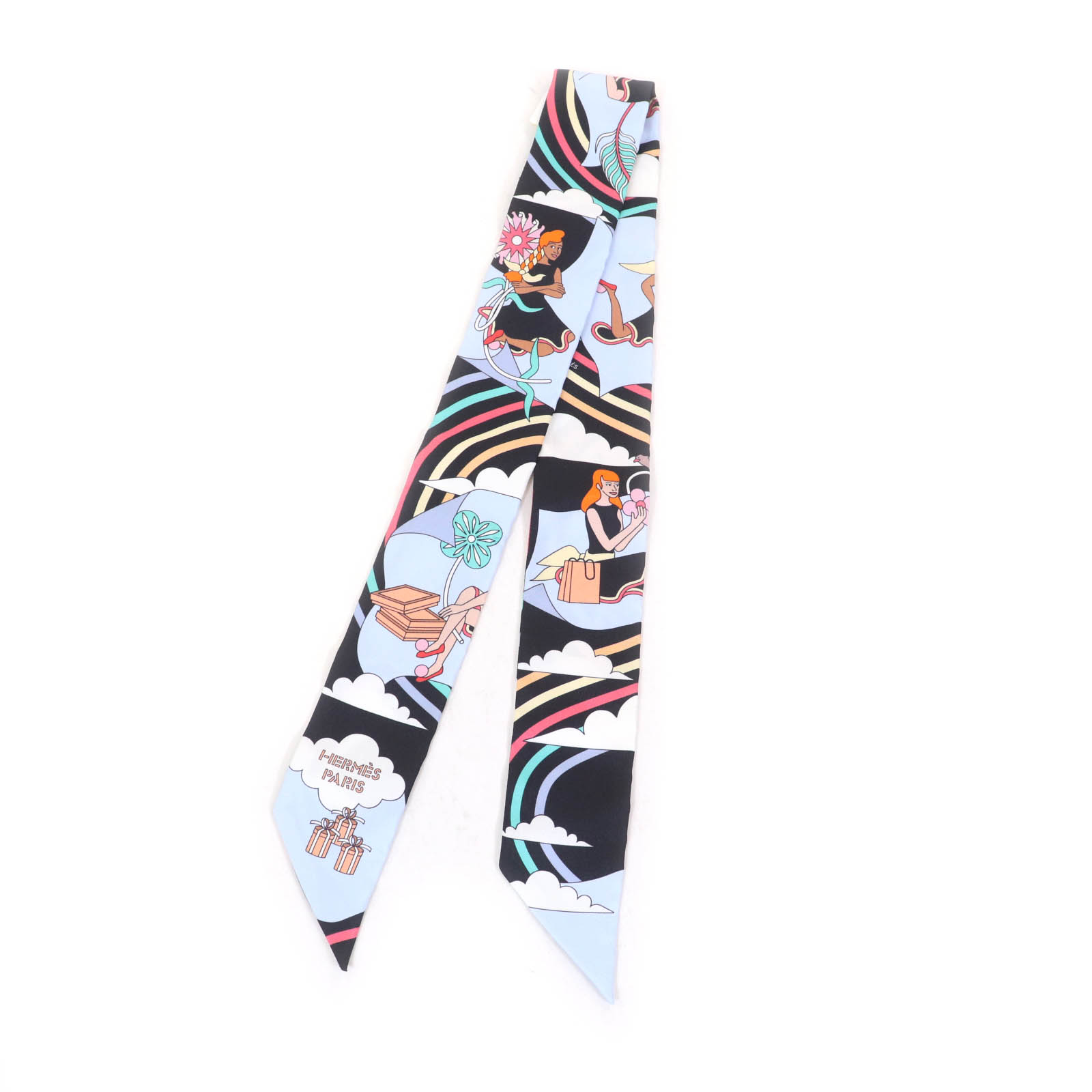 未使用品★HERMES エルメス CARRES VOLANTS 空飛ぶカレ シルク100% NOIR/CIEL/MULTICOL ツイリー スカーフ 箱付き フランス製 レディース【中古】｜衣類＆ブランドリサイクル GREEN