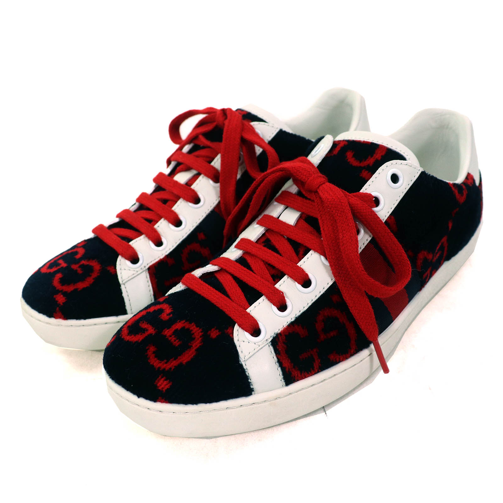 美品△GUCCI グッチ 431910 テリークロス GG柄 パイル地 レザー使い ローカットスニーカー ブラック レッド ホワイト 36.5 イタリア製 レディース【中古】