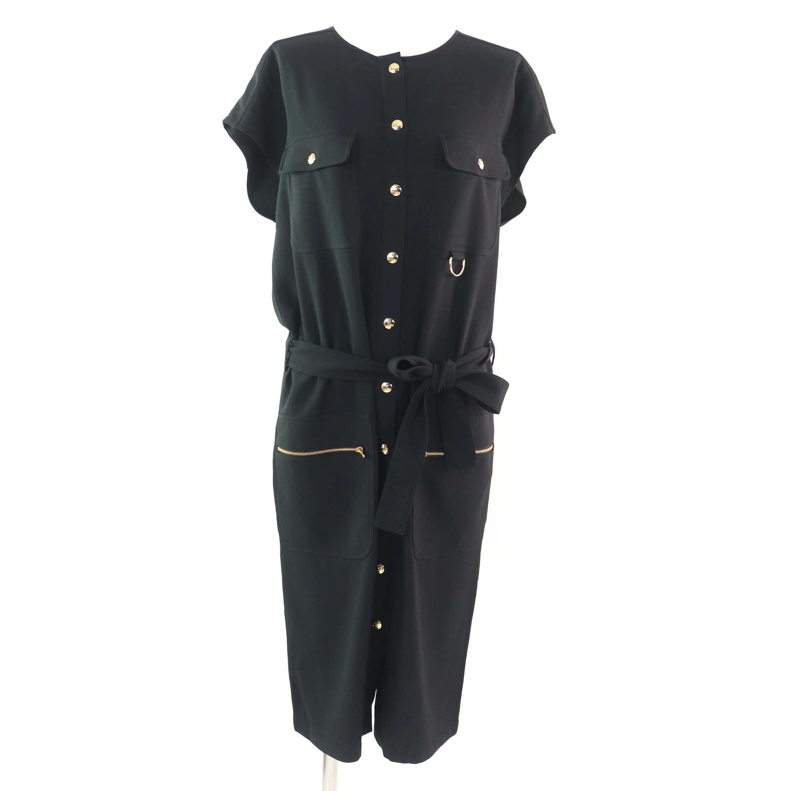 極美品★CELINE セリーヌ 23SS 2R59G865C トリオンフボタン ベルト付 フレンチスリーブ ワンピース アーミードレス ブラック 36 正規品 レディース【中古】 60,500円