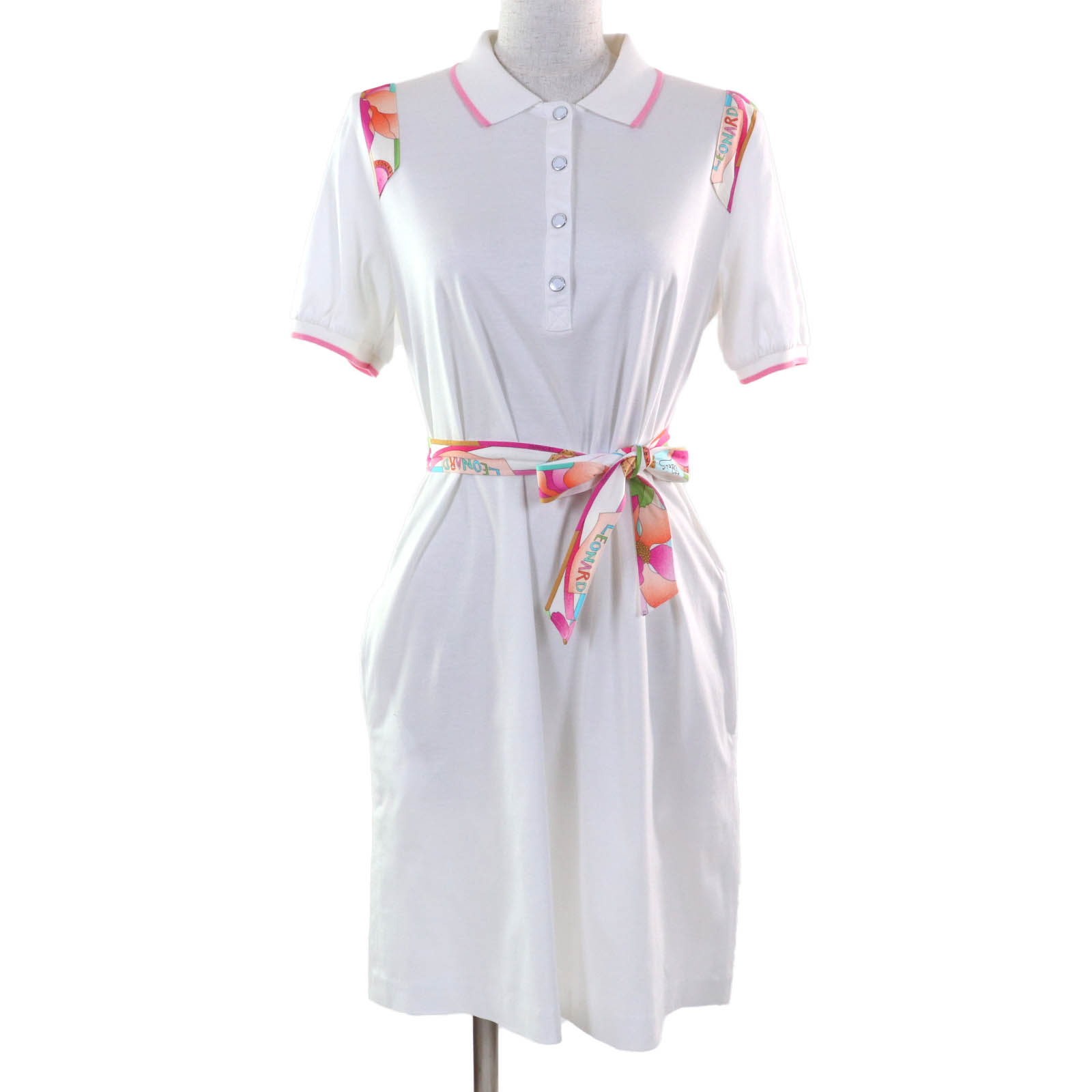 極美品★LEONARD SPORT レオナールスポーツ 綿織物100％ ロゴタイプ名取り草・胴締め付 半袖 衣装 白いこと 40 日本製 置き目品 レディース【中古】