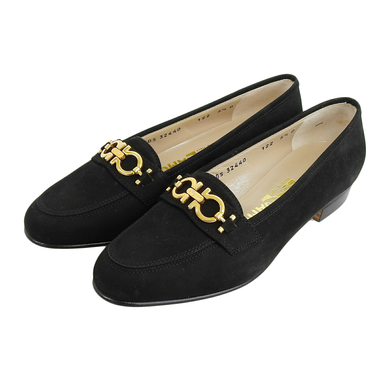 極美品▲Salvatore Ferragamo サルヴァトーレフェラガモ BABS ダブルガンチーニ ヌバックレザー パンプス ブラック ゴールド金具 5.5 箱付き イタリア製 レディース【中古】