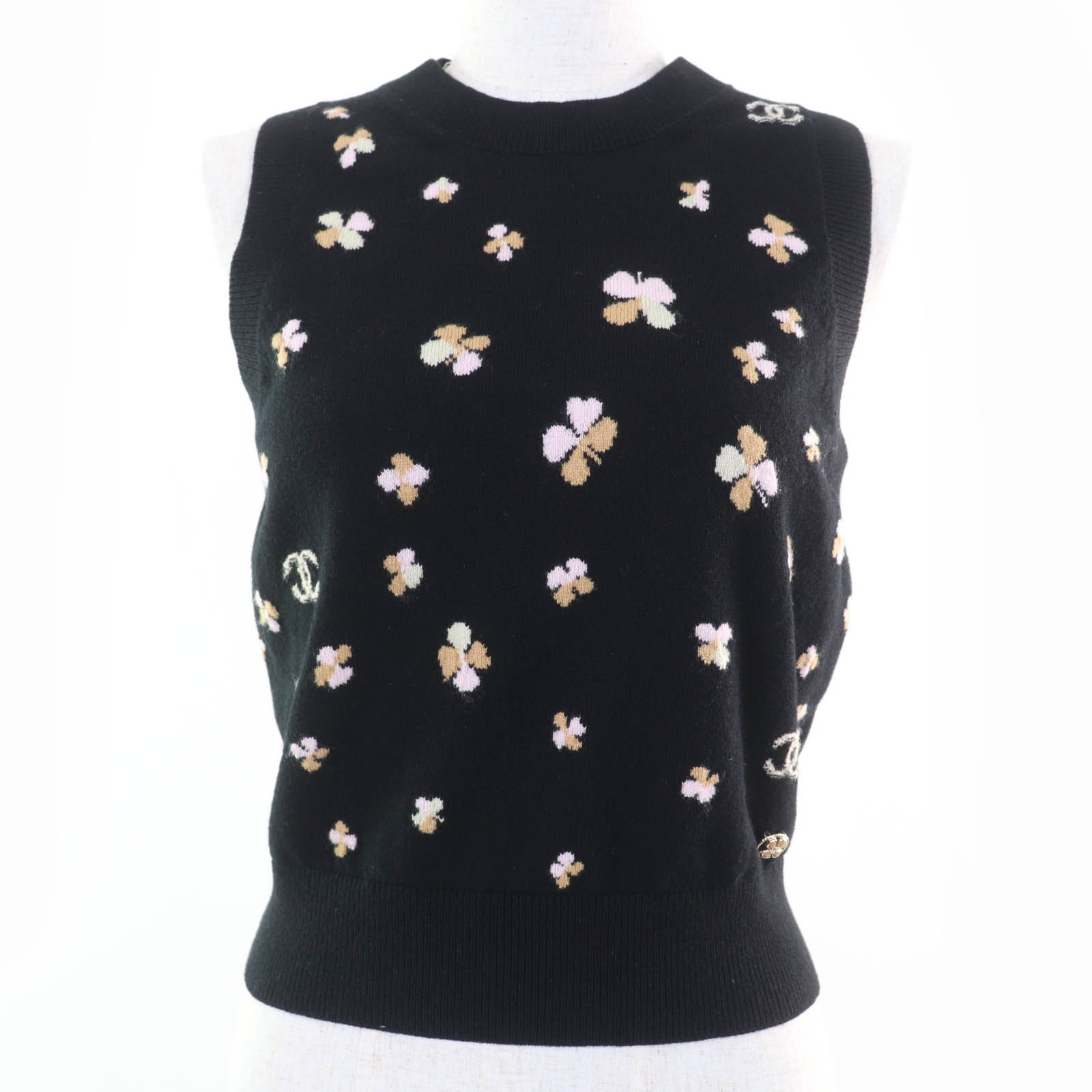 極美品☆CHANEL シャネル 24SS P76928K11094 カシミール クローバー ココマーク 編み物 より良い トップス 黒いこと 36 連合王国製 定め事品 レディース【中古】