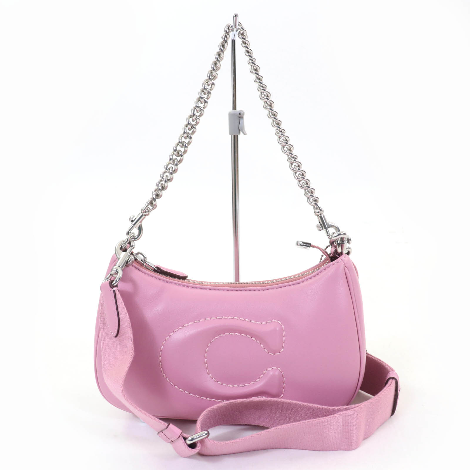 極美品☆COACH コーチ CJ608 シグネチャー キルティング テリ レザー 2WAY ハンドバッグ ショルダーバッグ ピンク レディース【中古】