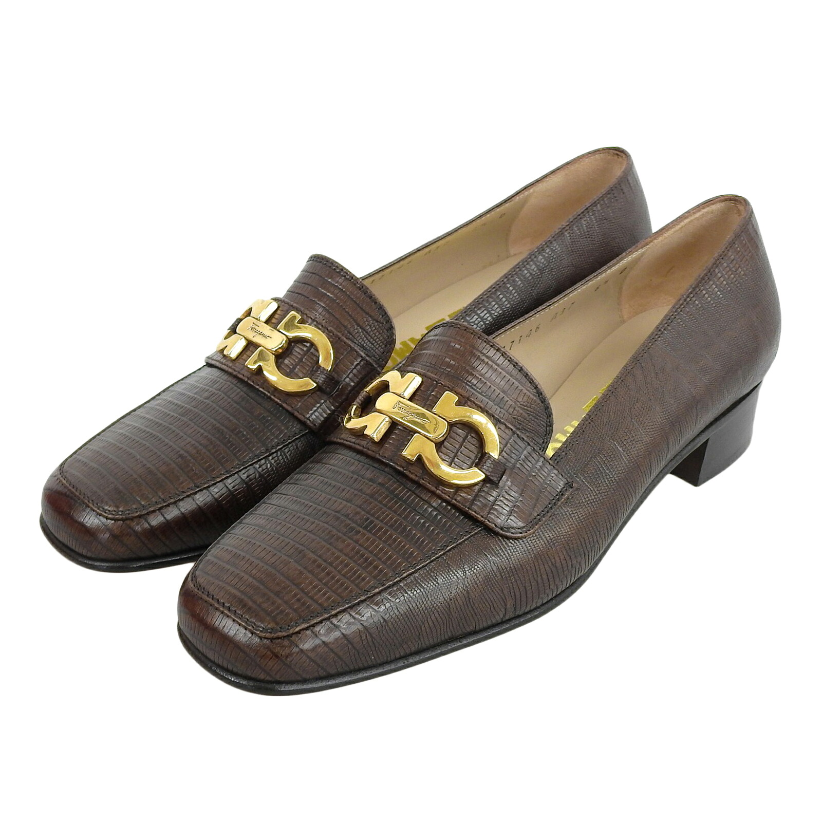 未使用品▲Salvatore Ferragamo サルヴァトーレフェラガモ FOREVER 型押しレザー ダブルガンチーニ パンプス ブラウン ゴールド金具 6.5 箱付き イタリア製 レディース【中古】