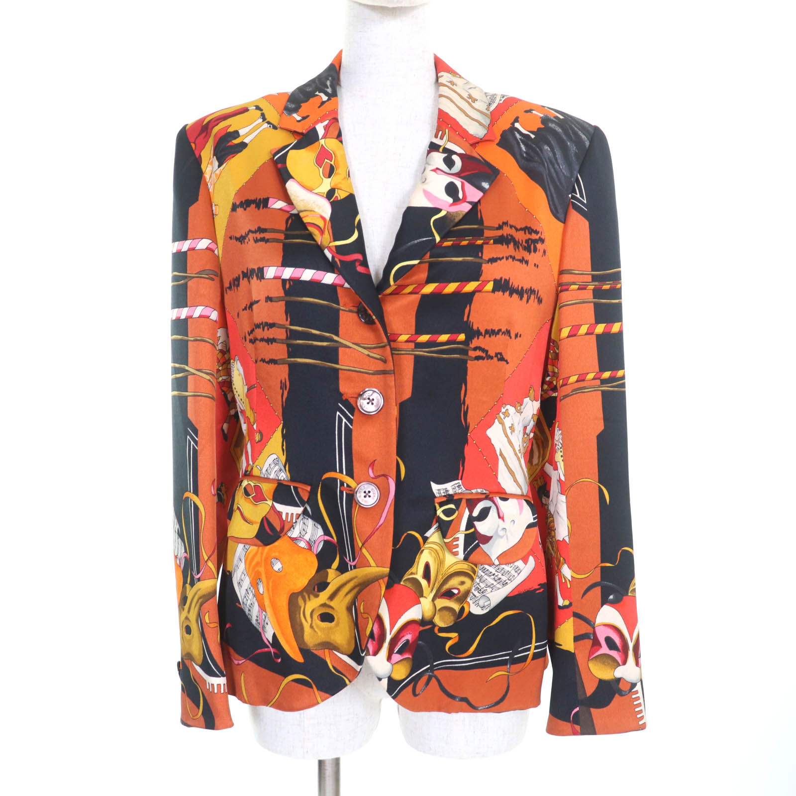 極美品★HERMES エルメス ヴィンテージ LE CARNAVAL DE VENISE ベニスのカーニバル シルク100％ ロゴボタン付 テーラードジャケット マルチ 40 フランス製【中古】