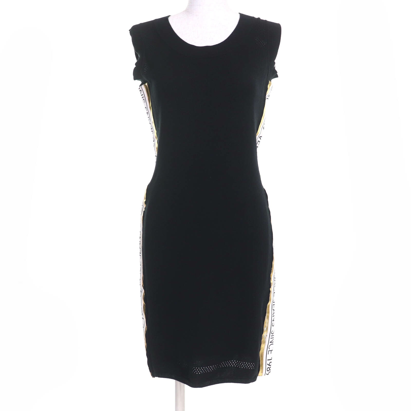 美品☆Versace Jeans ヴェルサーチ・ジーンズ B4HTB804 コットン100％ ロゴテープデザイン ノースリーブ ニット ワンピース ブラック M レディース【中古】 16,401円