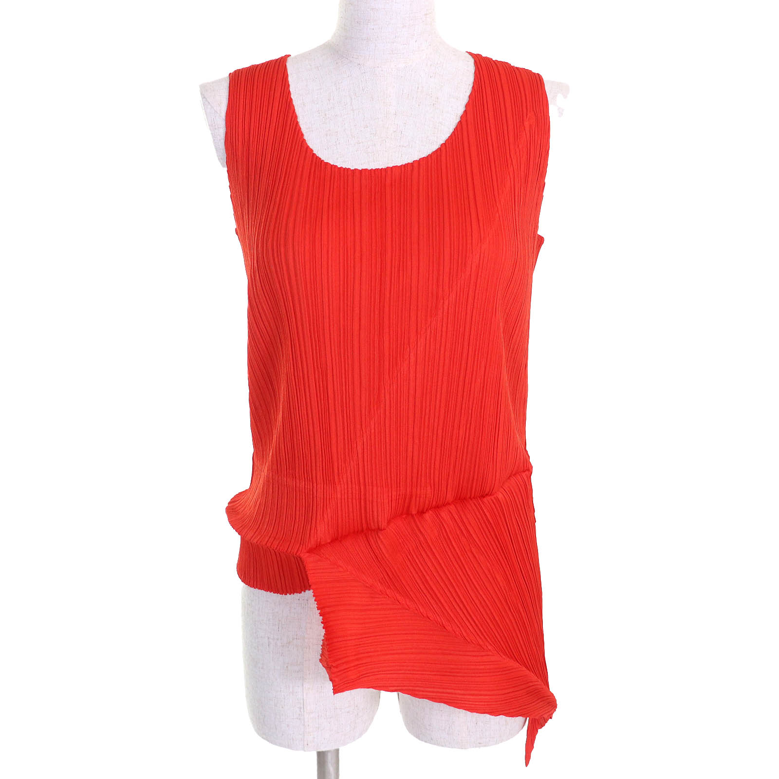 未使用品△PLEATS PLEASE プリーツプリーズ イッセイミヤケ PP71-JK201 変形裾 ノースリーブ トップス カットソー レッド 3 日本製 正規品 レディース【中古】