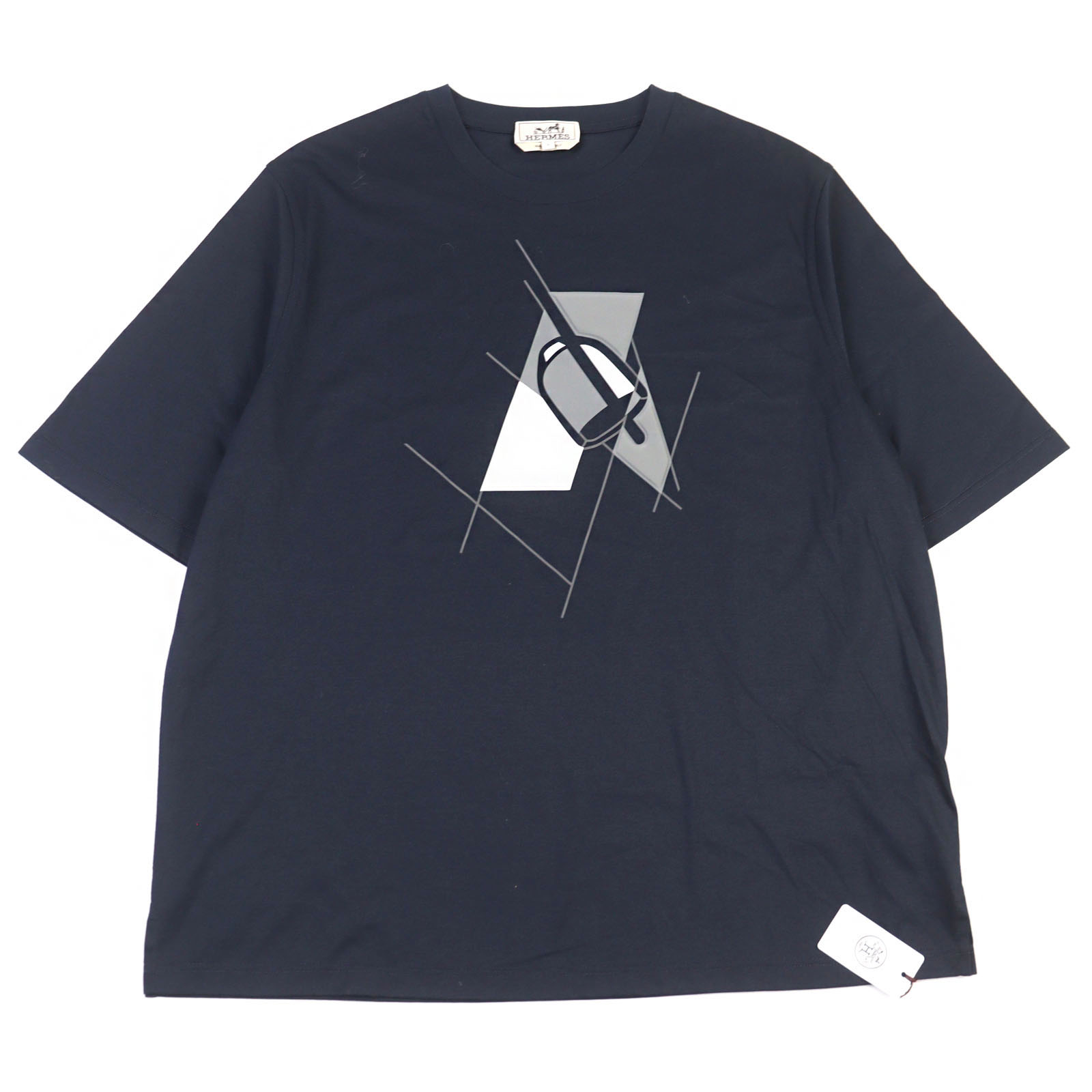 未使用品○HERMES エルメス 2024年製 457950HA Etrier en Fragments エトリエ・アン・フラグメンツ コットン100% エンボス加工 クルーネック 半袖Ｔシャツ ネイビー系 L イタリア製 正規品 メンズ【中古】