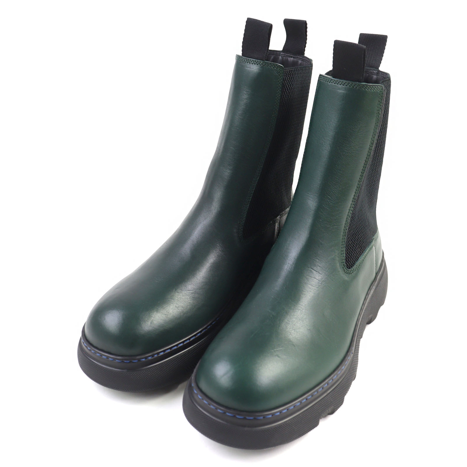 未使用品○BURBERRY バーバリー 8074918 Creeper Chelsea Boots レザー クリーパー サイドゴア チャンキーラバーソール チェルシーブーツ グリーン系 40 保存袋付き イタリア製 メンズ【中古】