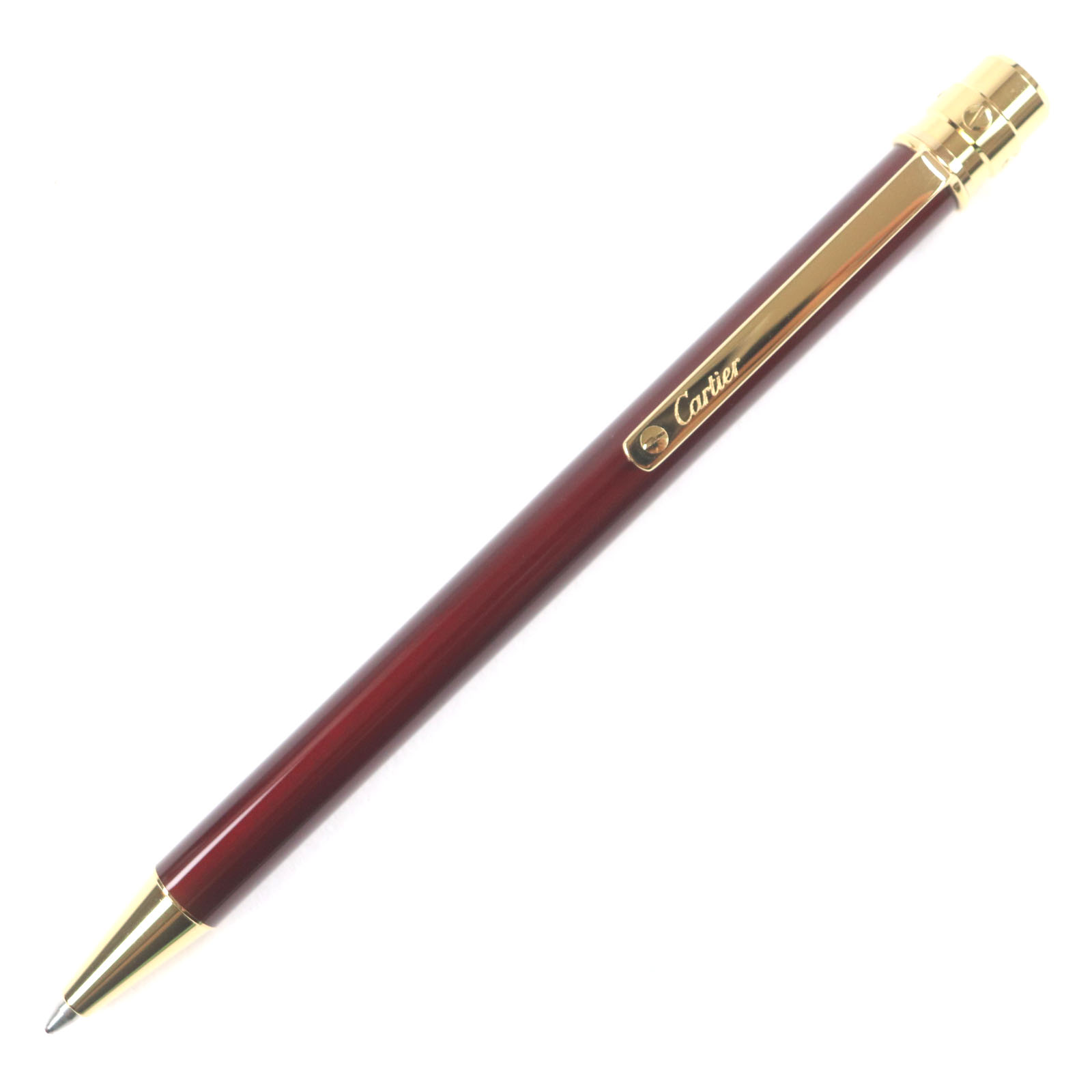 極美品▼Cartier カルティエ サントス ドゥ カルティエ ロゴ刻印入り ツイスト式 ボールペン ボルドー ゴールド フランス製 メンズ 筆記確認済み【中古】