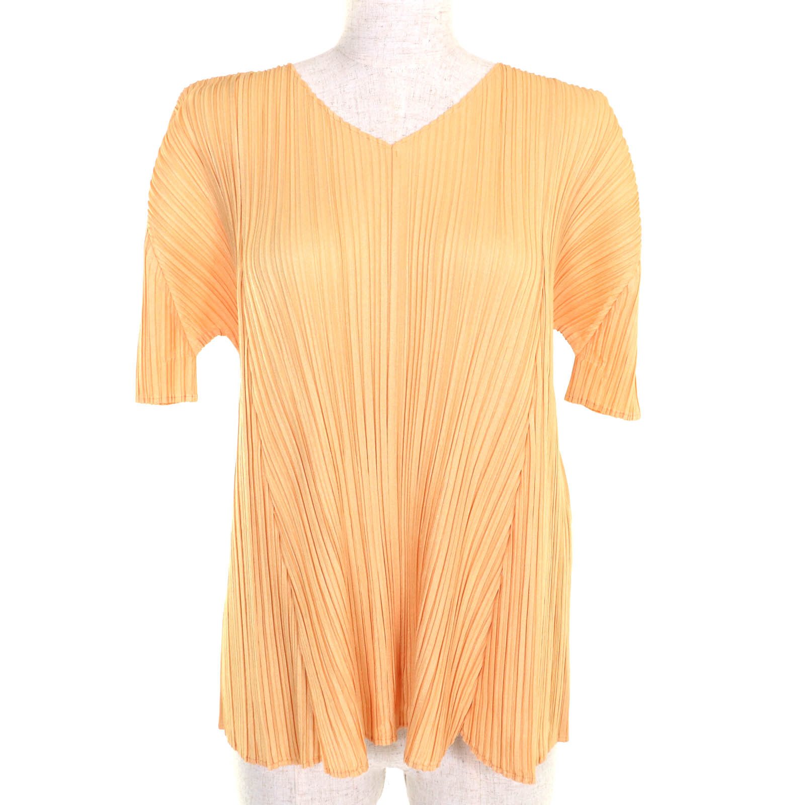 極美品★PLEATS PLEASE 筋目プリーズ イッセイミヤケ 22SS PP21-JK281 Vのど首 筋目 半袖 カットソー オレンジ色 3 日本製 置き目品 レディース【中古】