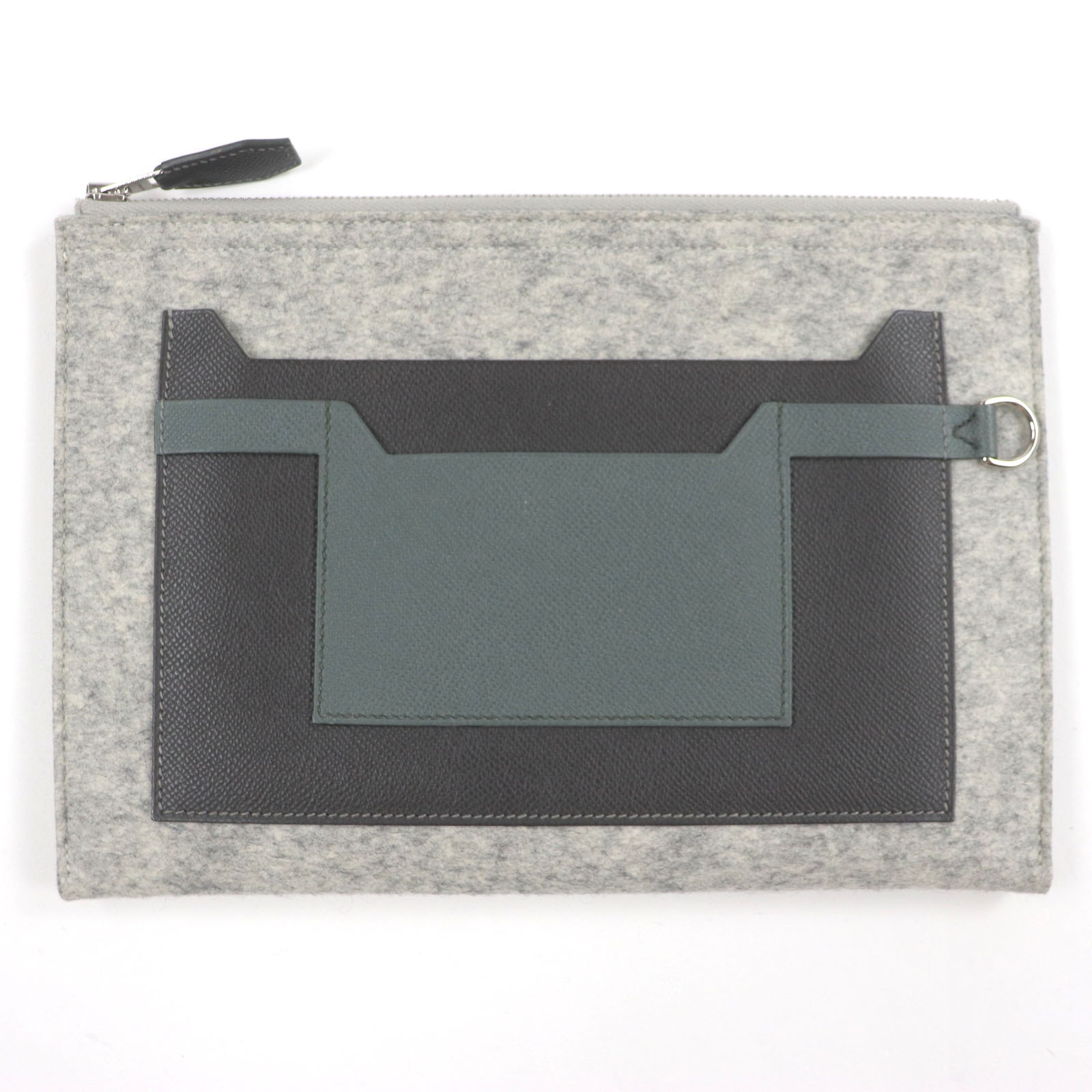 美品▼HERMES エルメス TOO DOO トゥードゥー29 フェルト ヴォーエプソン レザー シルバー金具 フラットポーチ クラッチバッグ グレー D刻印 保存袋付き フランス製 メンズ【中古】