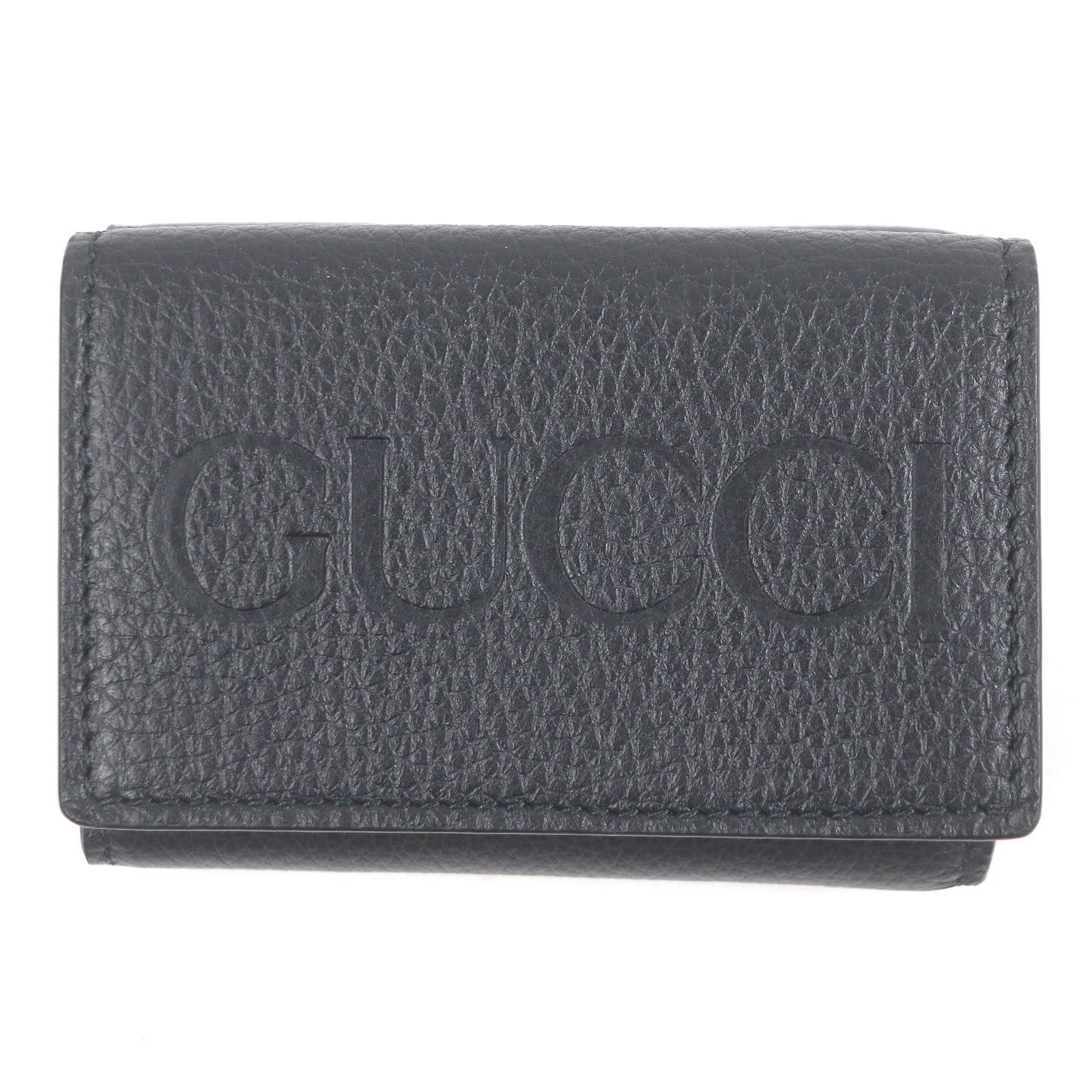 未使用品□GUCCI グッチ 736151 レザー エンボスロゴ コンパクトウォレット 三つ折り財布 ブラック 箱・保存袋付き イタリア製 メンズ【中古】