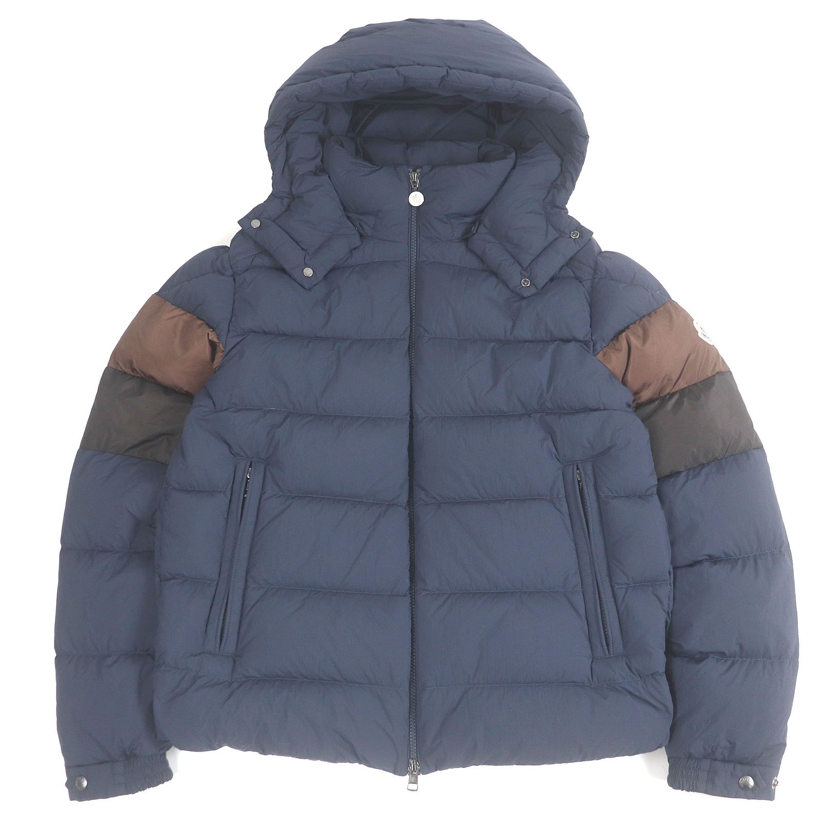 美品□MONCLER モンクレール 24-25AW ENZIAN GIUBOTTO ロゴワッペン フーデッド ダウンジャケット ネイビー ブラウン 2 正規品 メンズ【中古】