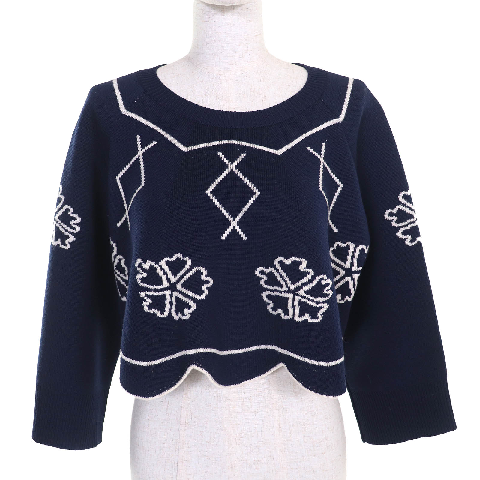 極美品△Christian Dior クリスチャンディオール 6E24579AM509 ウール クローバー 裾スカラップデザイン 長袖 クロップド ニット ネイビー ホワイト 44 イタリア製 正規品 レディース【中古】|衣類&ブランドリサイクル GREEN